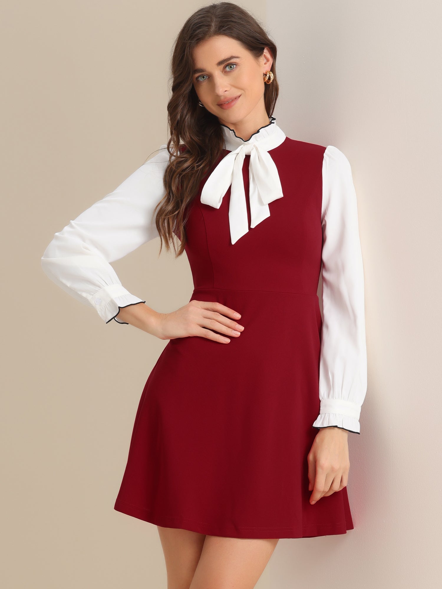 Patchwork Contrast Color Long Sleeve Tie Neck Mini Dress