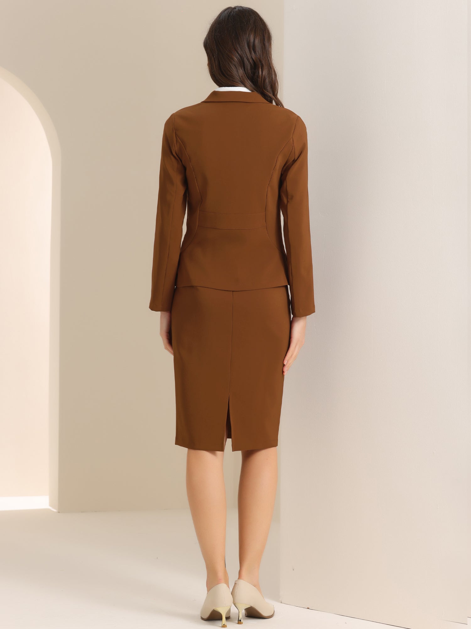2 Pieces Long Sleeve Blazer & Pencil Skirt Suit Set
