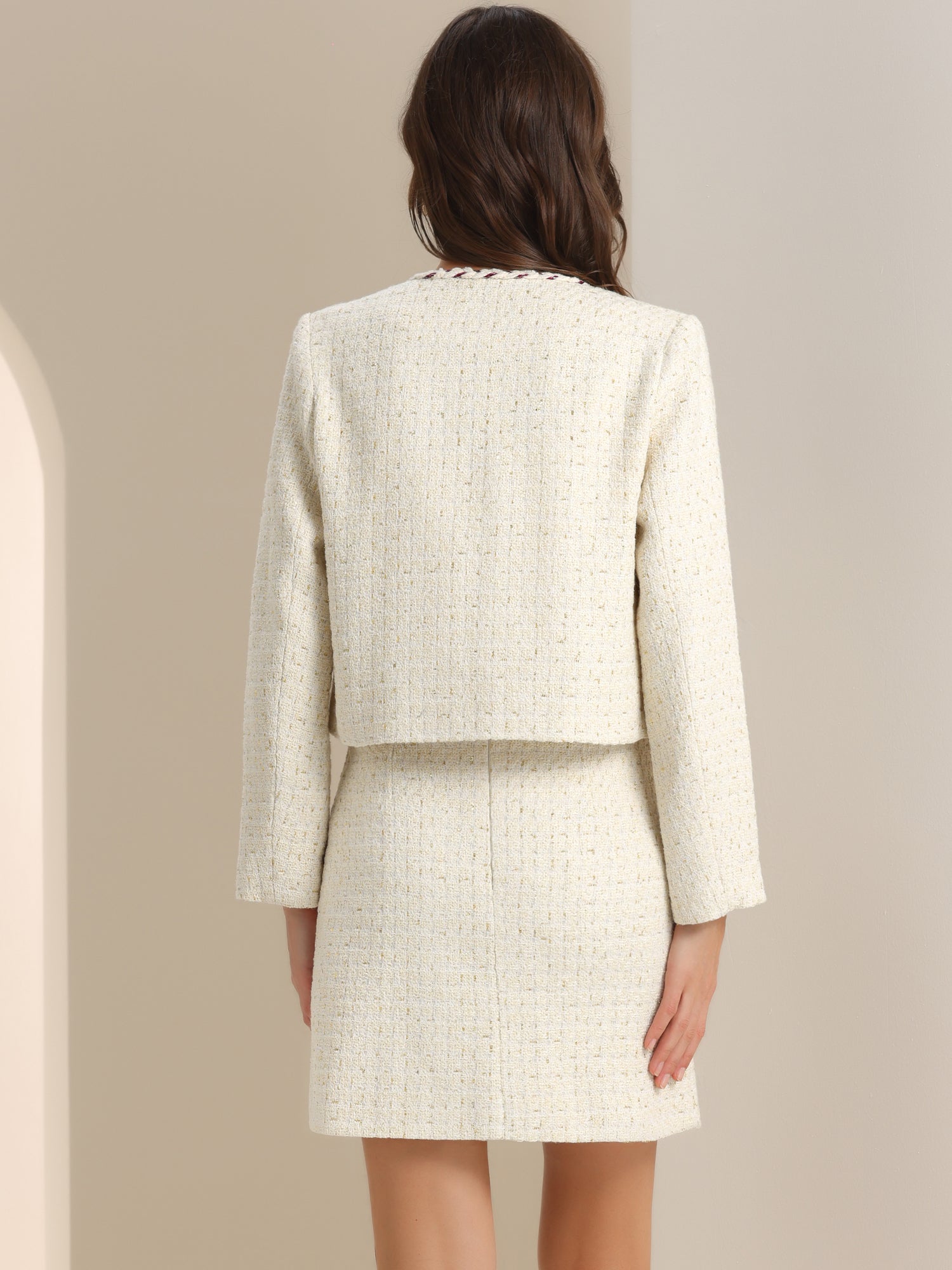 2PCS Plaid Tweed Open Front Cropped Blazer Jacket and Pencil Skirt Sets