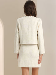 2PCS Plaid Tweed Open Front Cropped Blazer Jacket and Pencil Skirt Sets