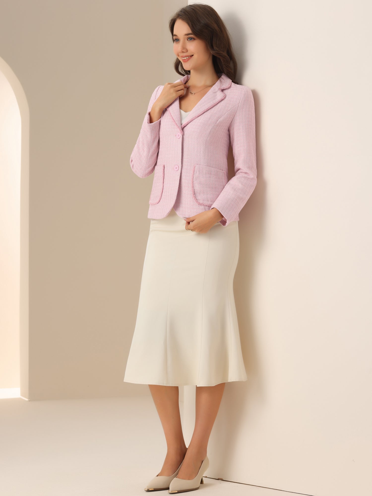 Plaid Tweed Notched Lapel Button Long Sleeve Blazer Jackets