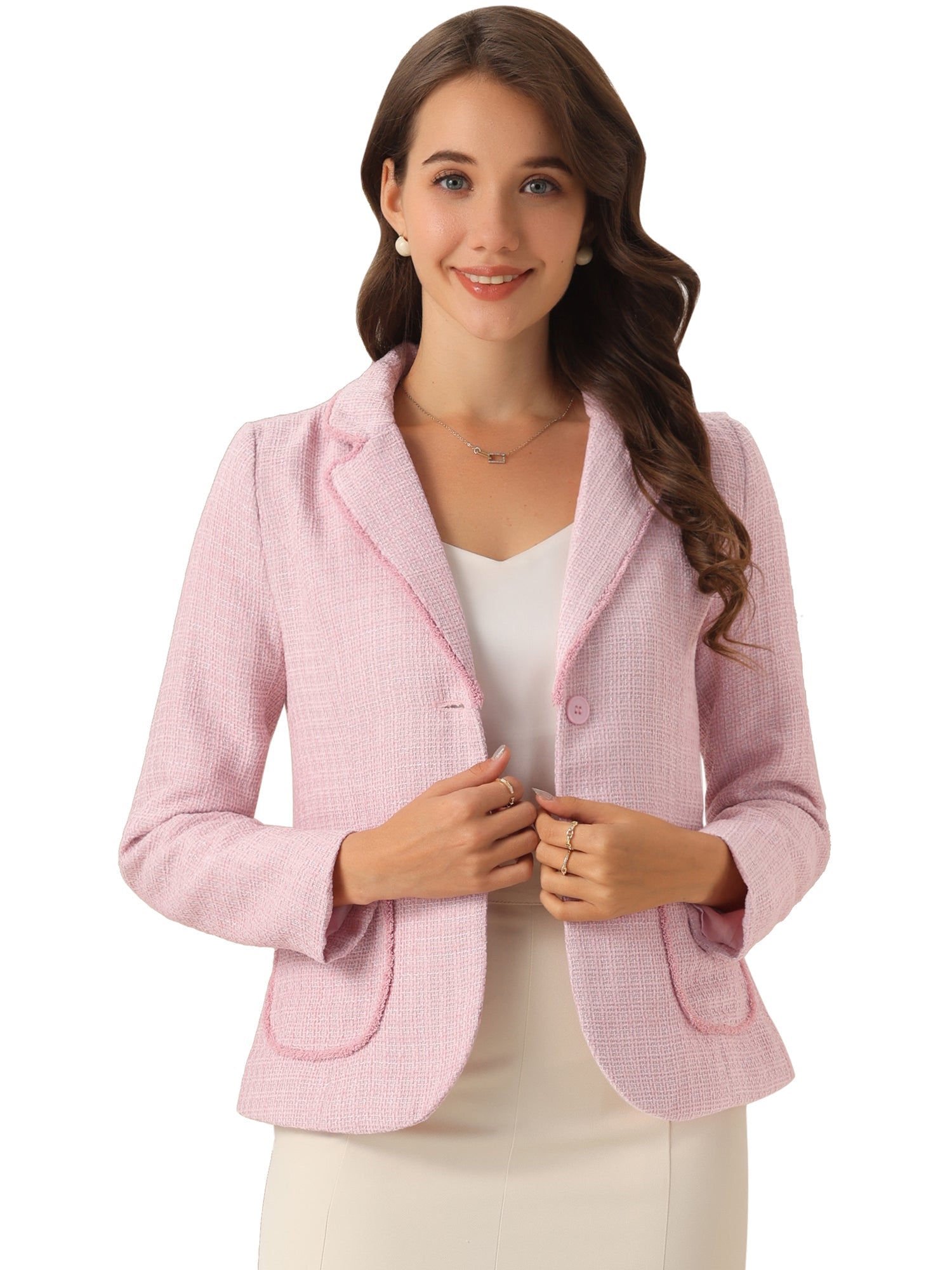 Plaid Tweed Notched Lapel Button Long Sleeve Blazer Jackets