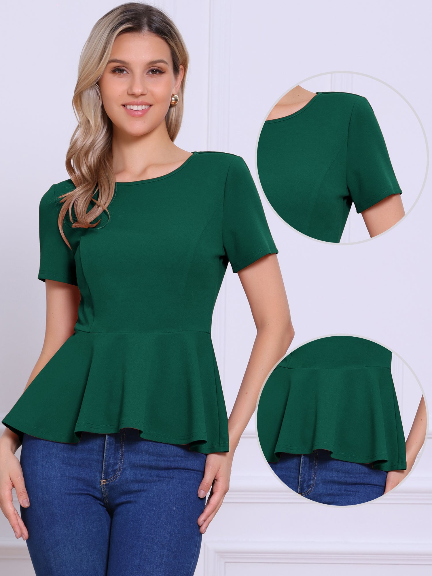 Short Sleeve Round Neck Solid Color Peplum Blouse