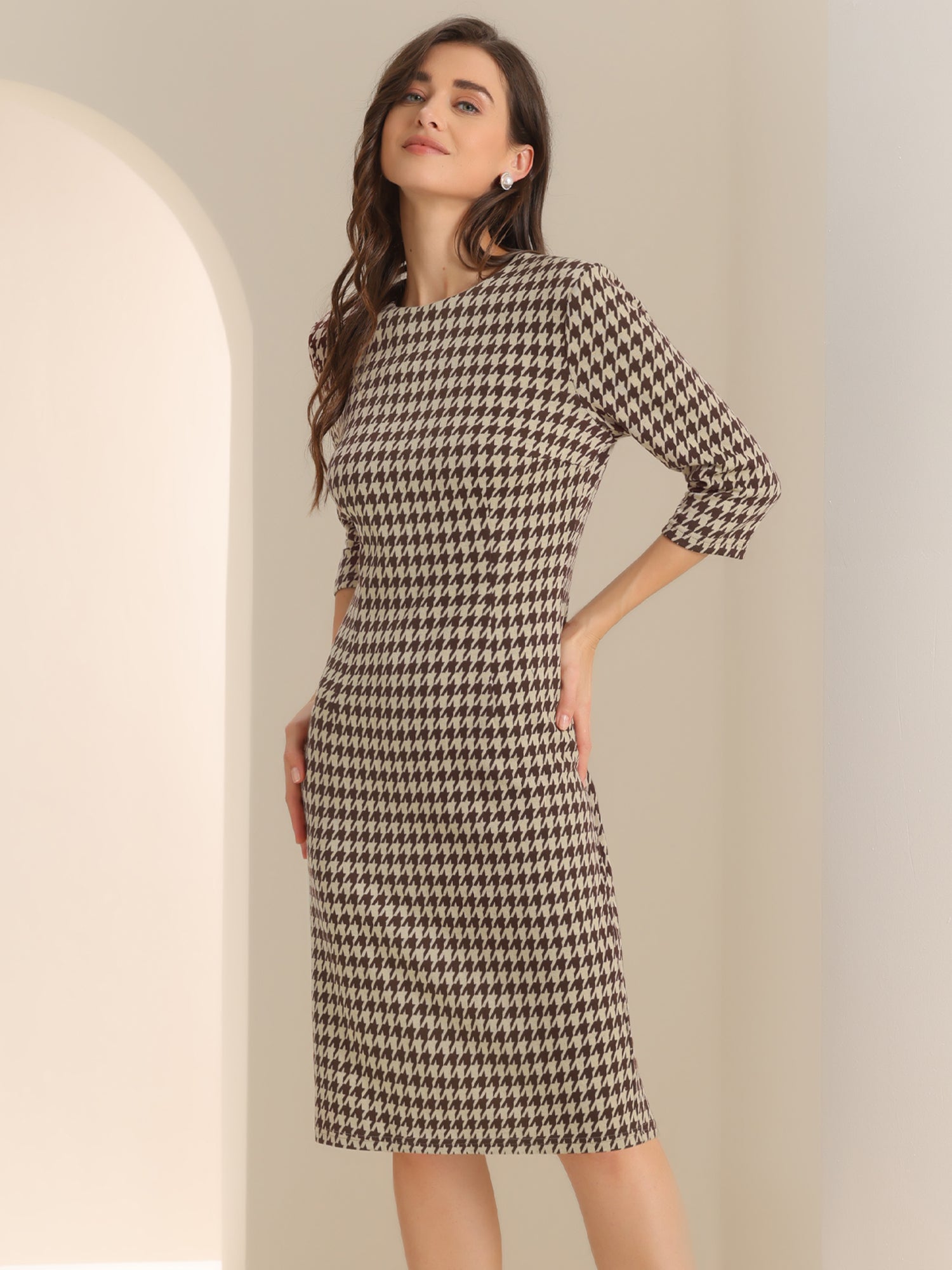 Houndstooth 3/4 Sleeve Elegant Cinched Waist Sheath Dress
