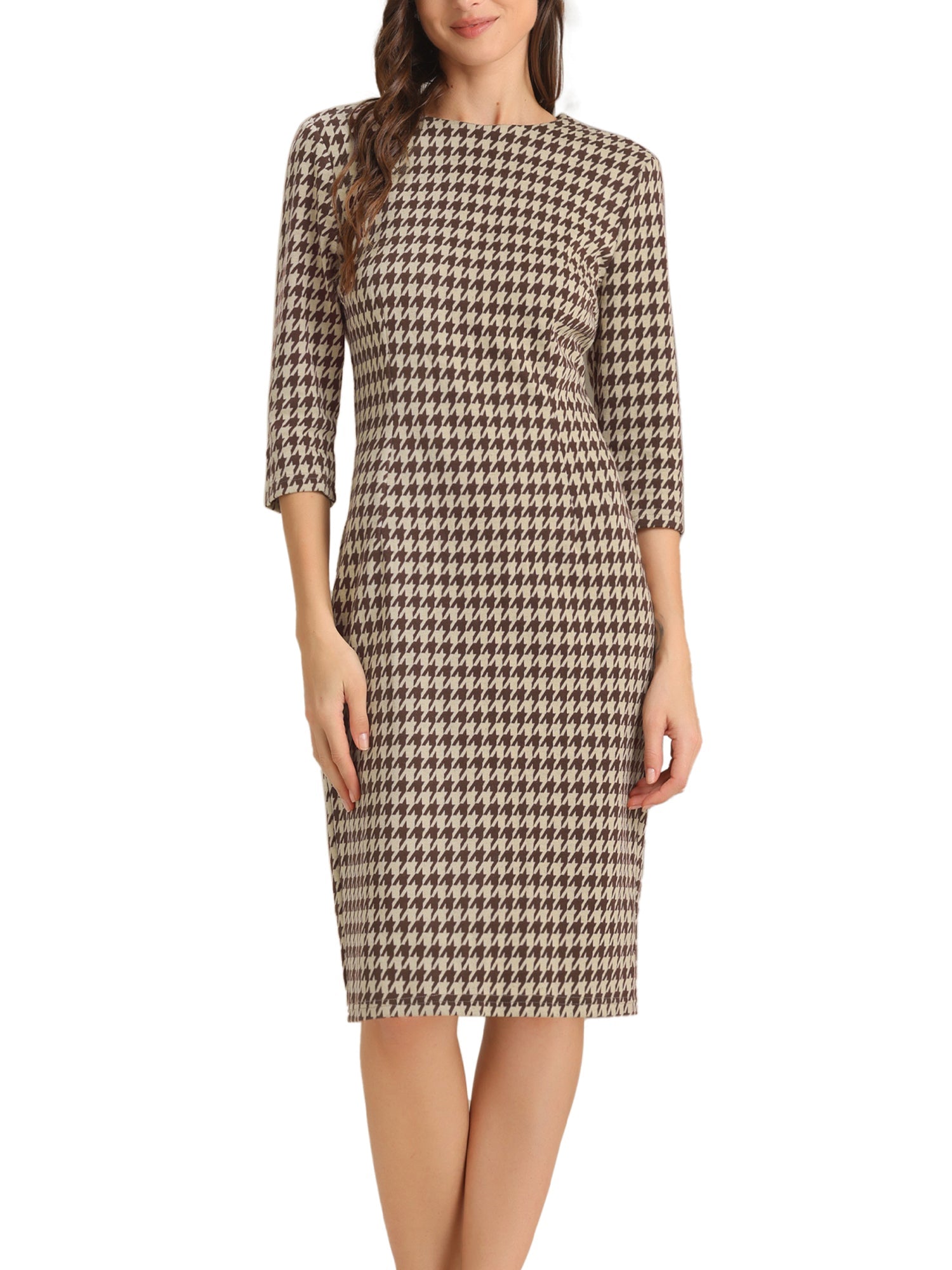 Houndstooth 3/4 Sleeve Elegant Cinched Waist Sheath Dress