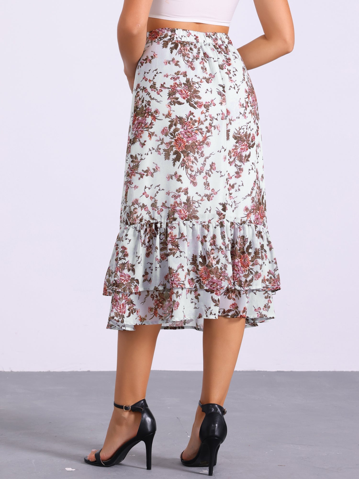 Chiffon Printed Elastic Waist Ruffle Tiered Flowy Midi Skirt