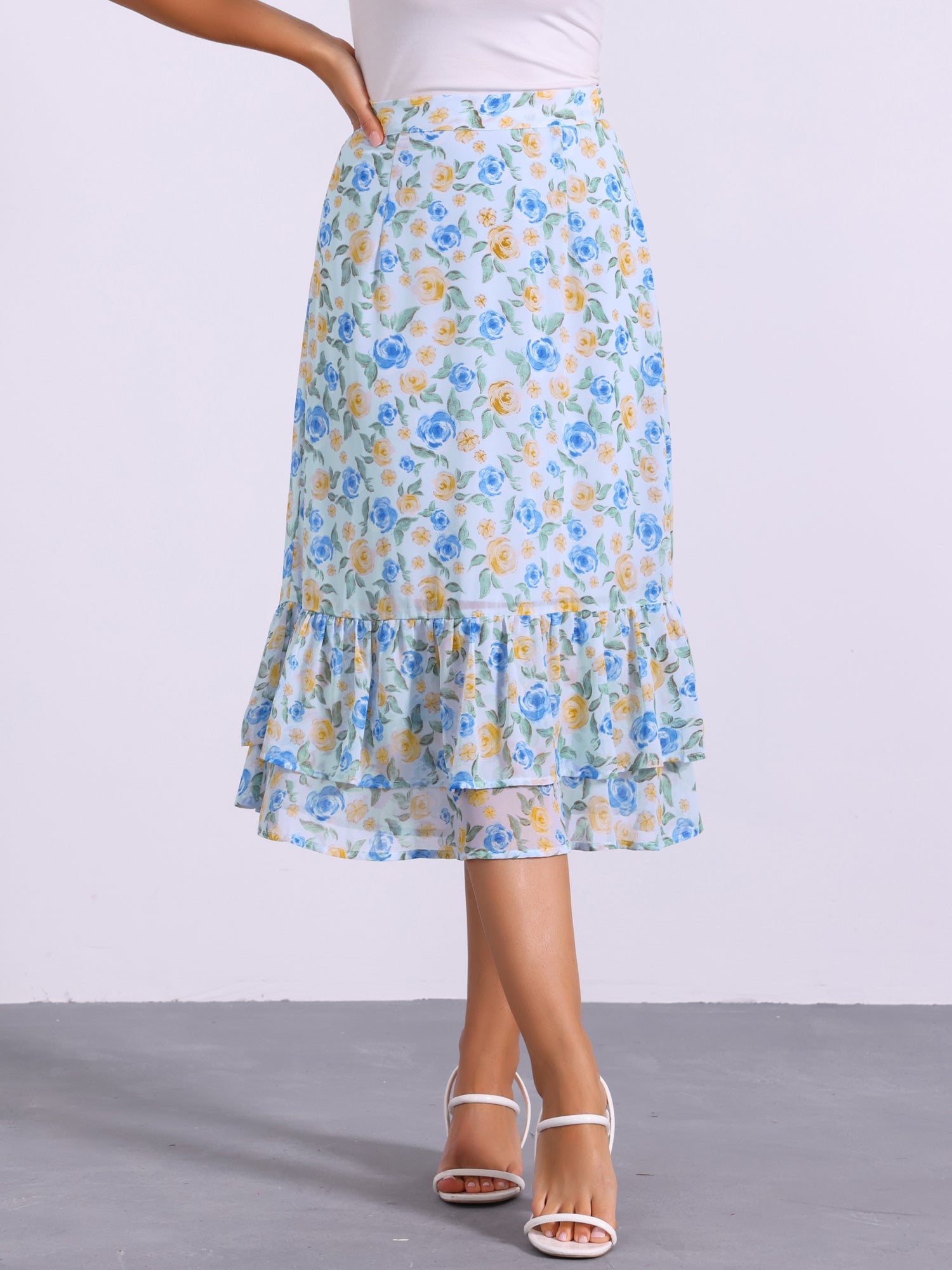 Chiffon Printed Elastic Waist Ruffle Tiered Flowy Midi Skirt