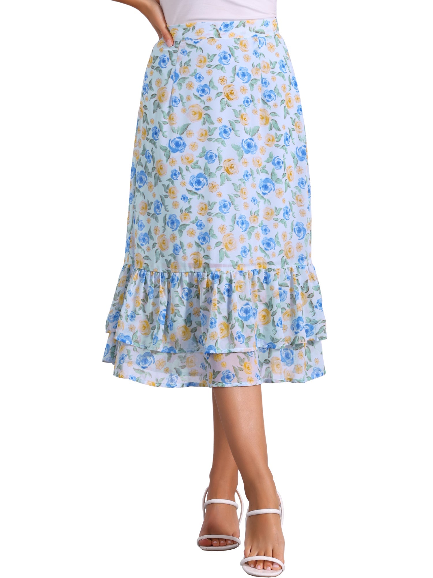Chiffon Printed Elastic Waist Ruffle Tiered Flowy Midi Skirt