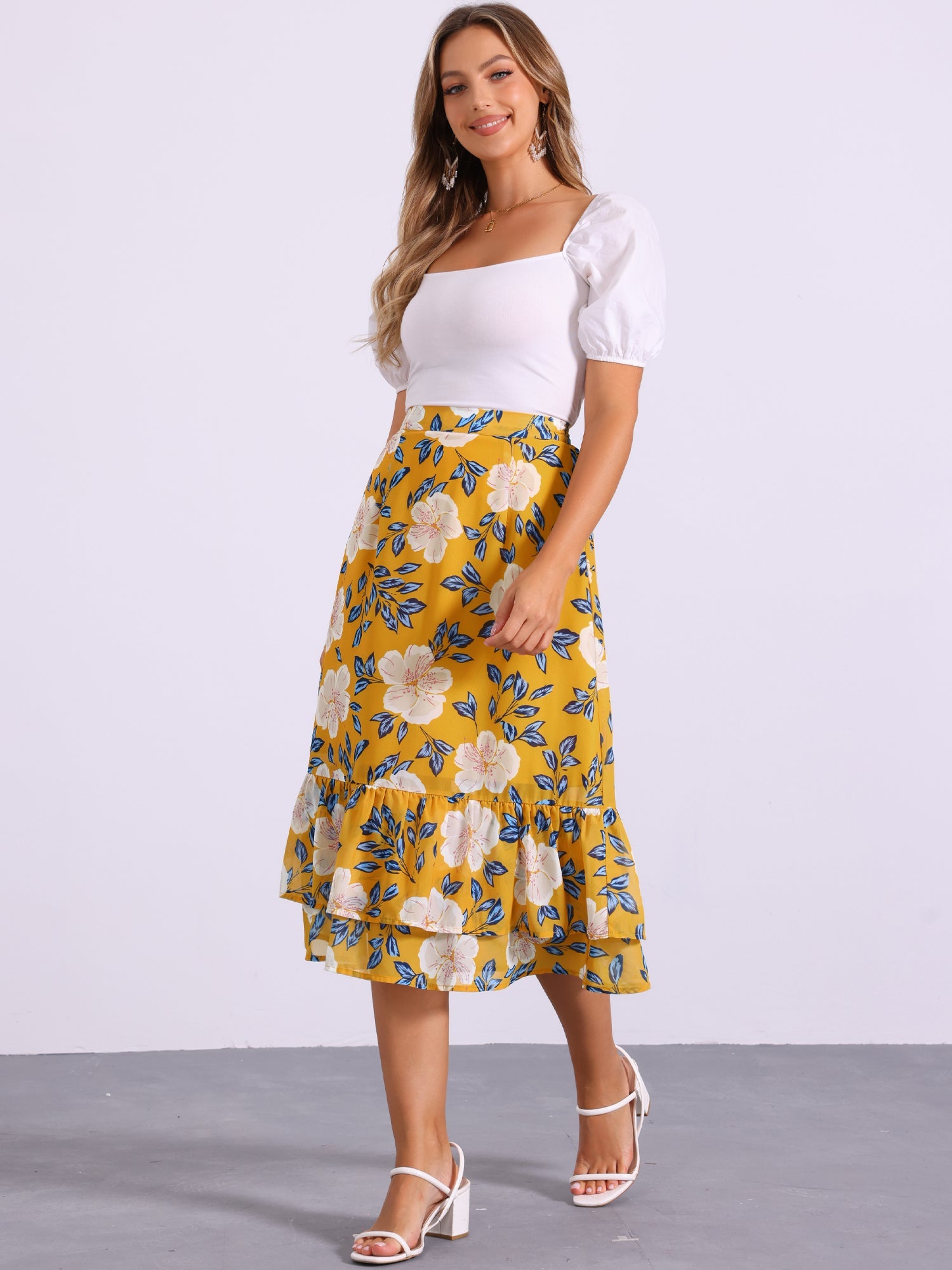 Chiffon Printed Elastic Waist Ruffle Tiered Flowy Midi Skirt