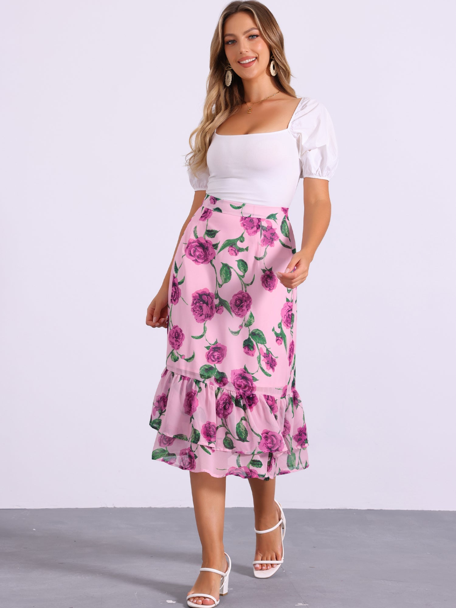 Chiffon Printed Elastic Waist Ruffle Tiered Flowy Midi Skirt