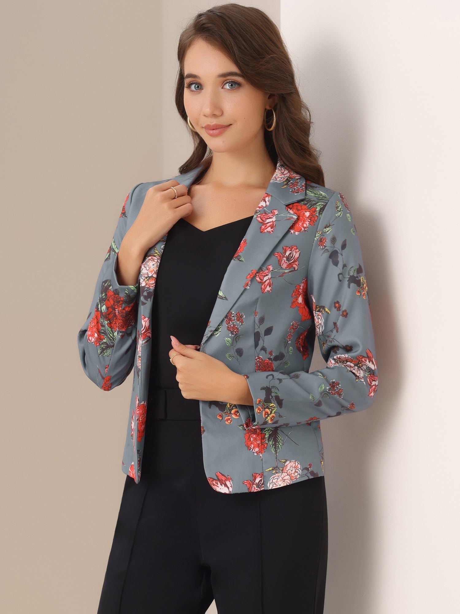 Business Casual Open Front Notch Lapel Plaid Suit Blazer