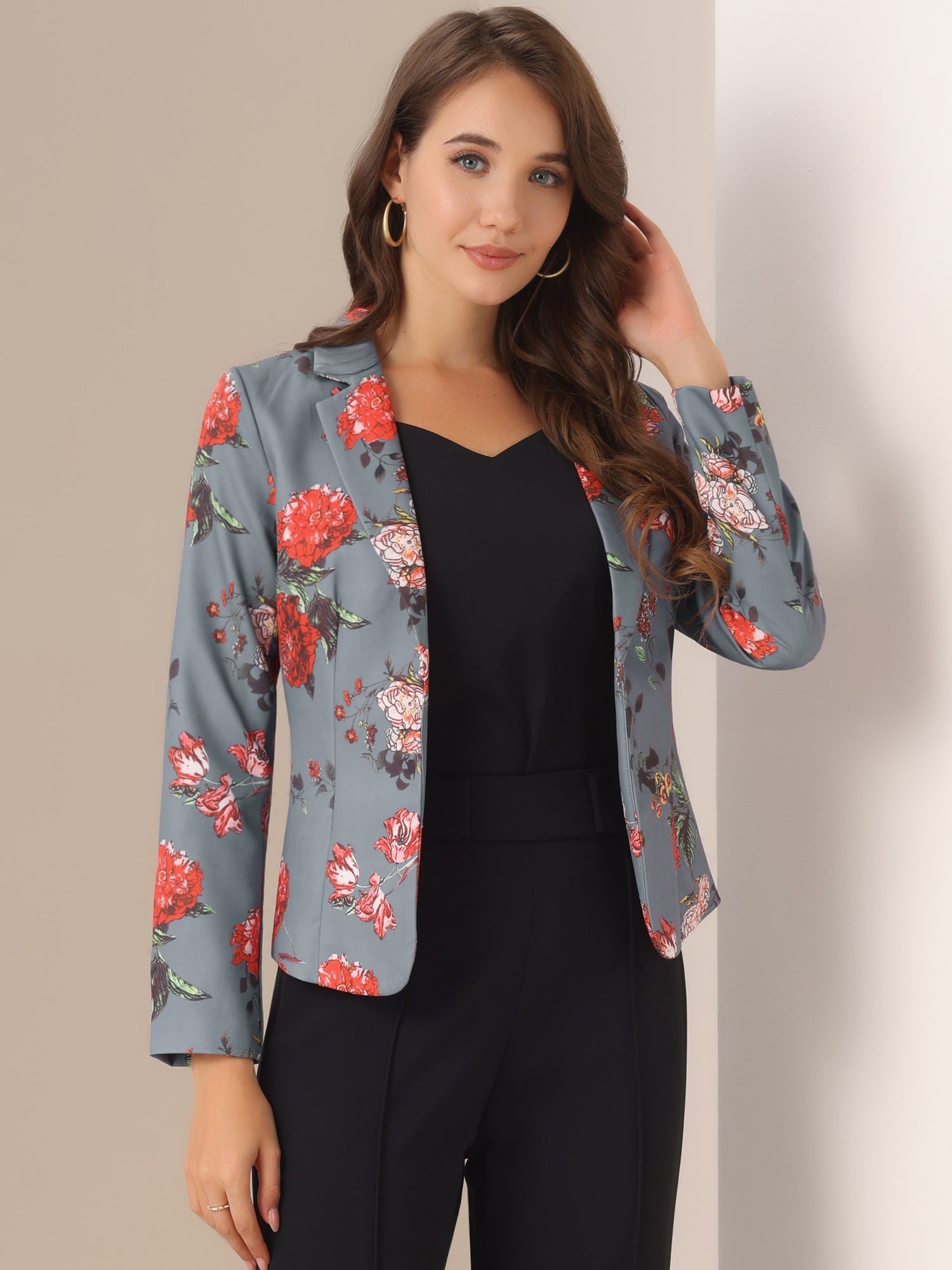 Business Casual Open Front Notch Lapel Plaid Suit Blazer