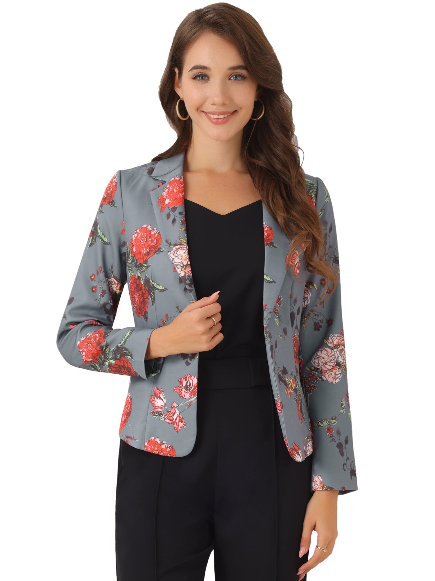 Business Casual Open Front Notch Lapel Plaid Suit Blazer