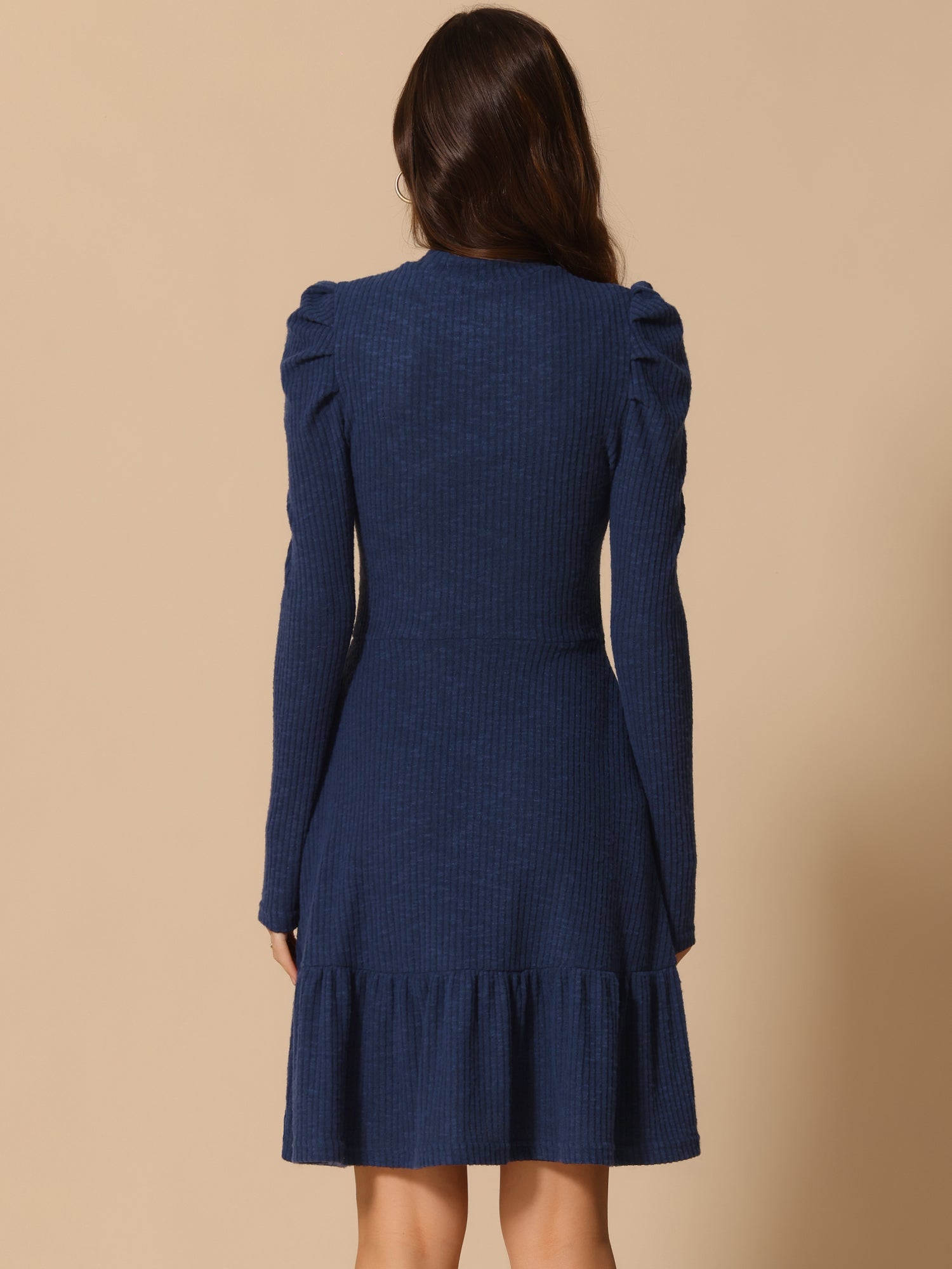 Stretchy Puff Long Sleeve Ruffle Hem Knit Midi Sweater Dress