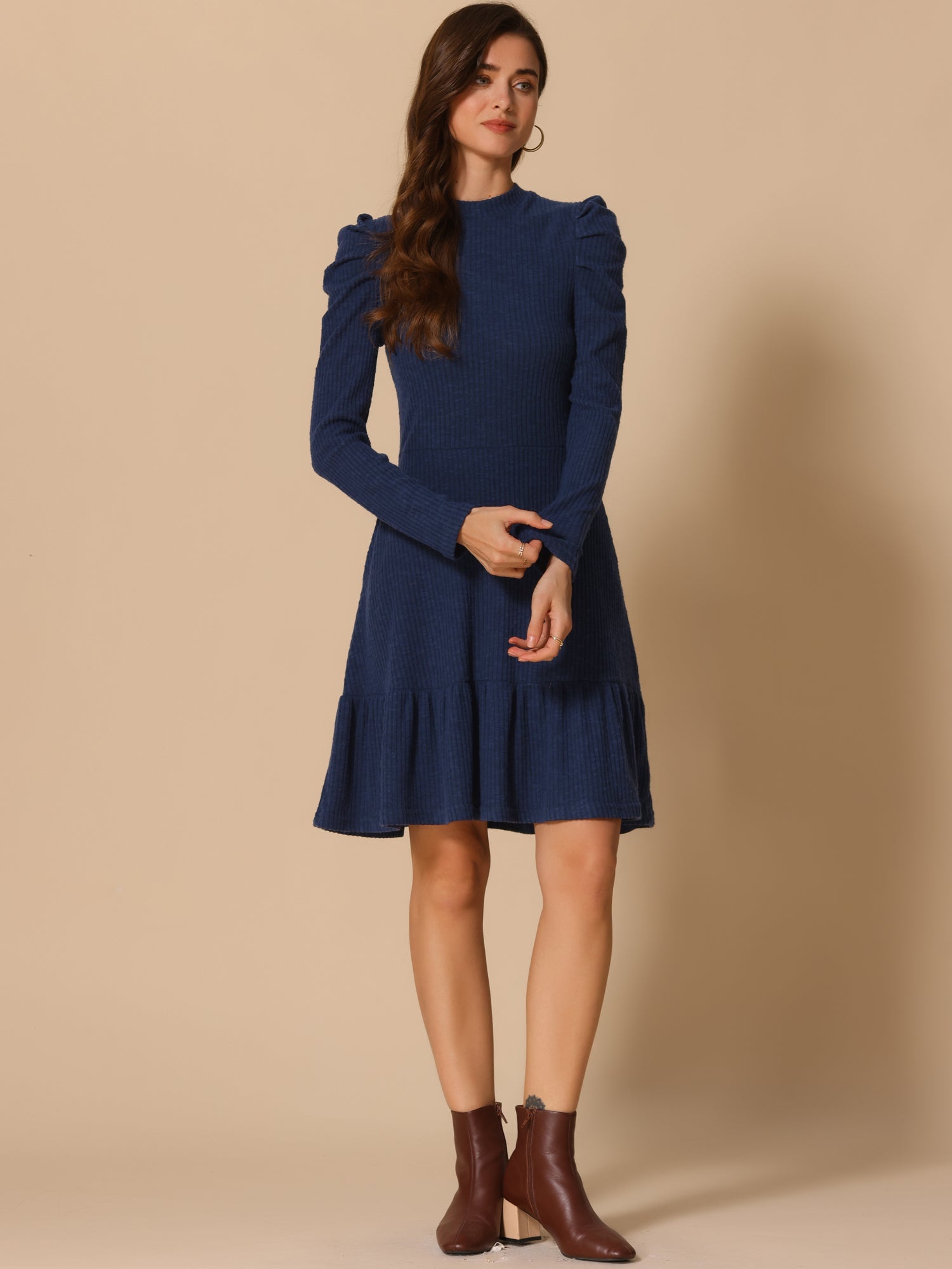 Stretchy Puff Long Sleeve Ruffle Hem Knit Midi Sweater Dress