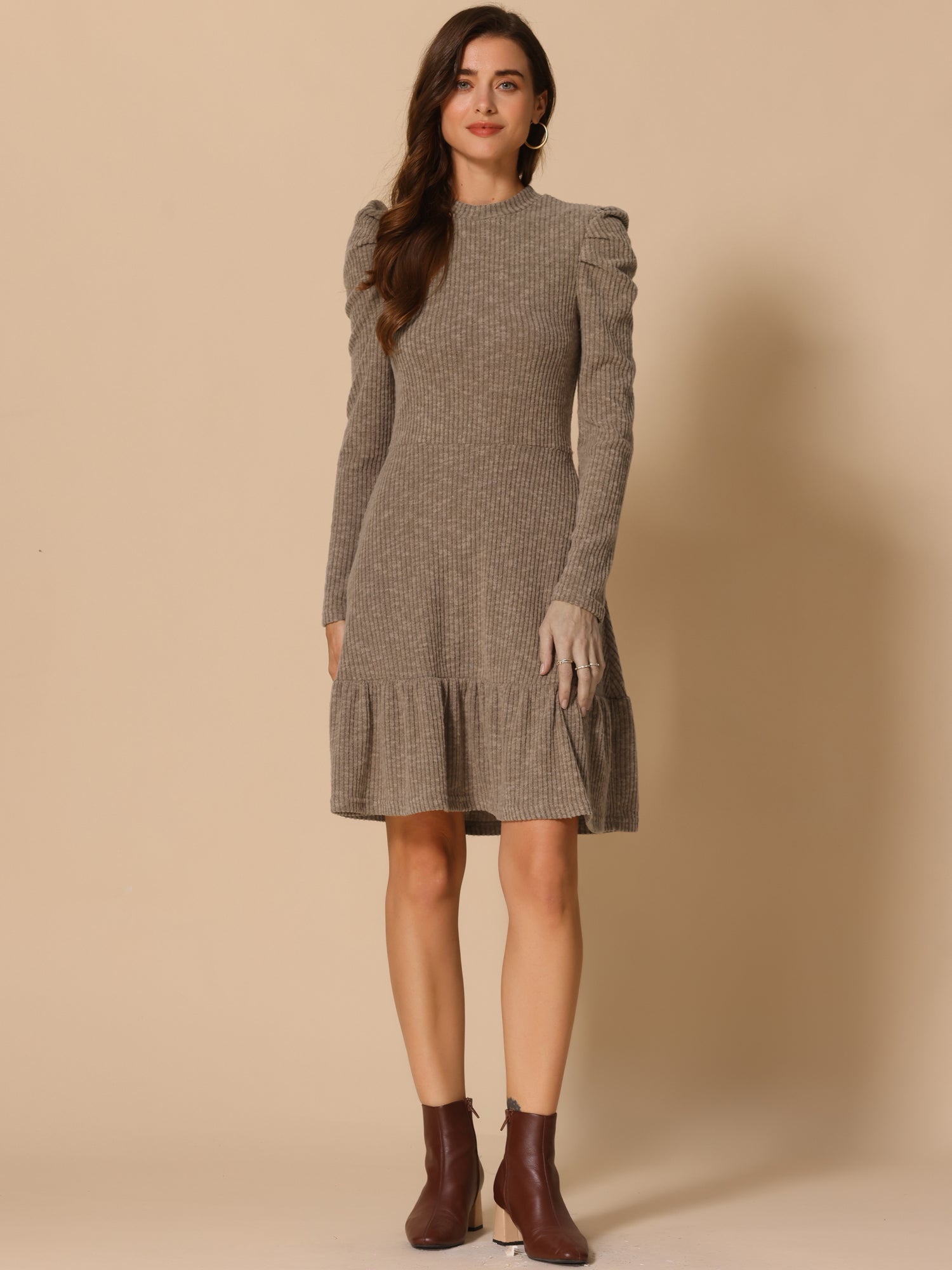 Stretchy Puff Long Sleeve Ruffle Hem Knit Midi Sweater Dress