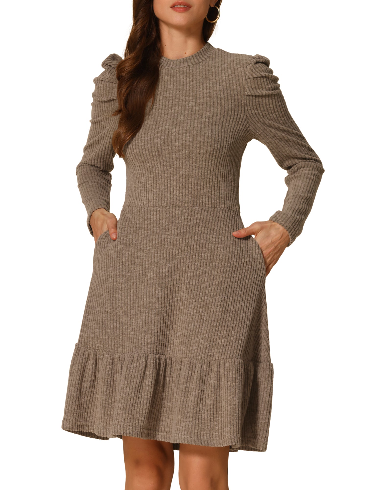 Stretchy Puff Long Sleeve Ruffle Hem Knit Midi Sweater Dress