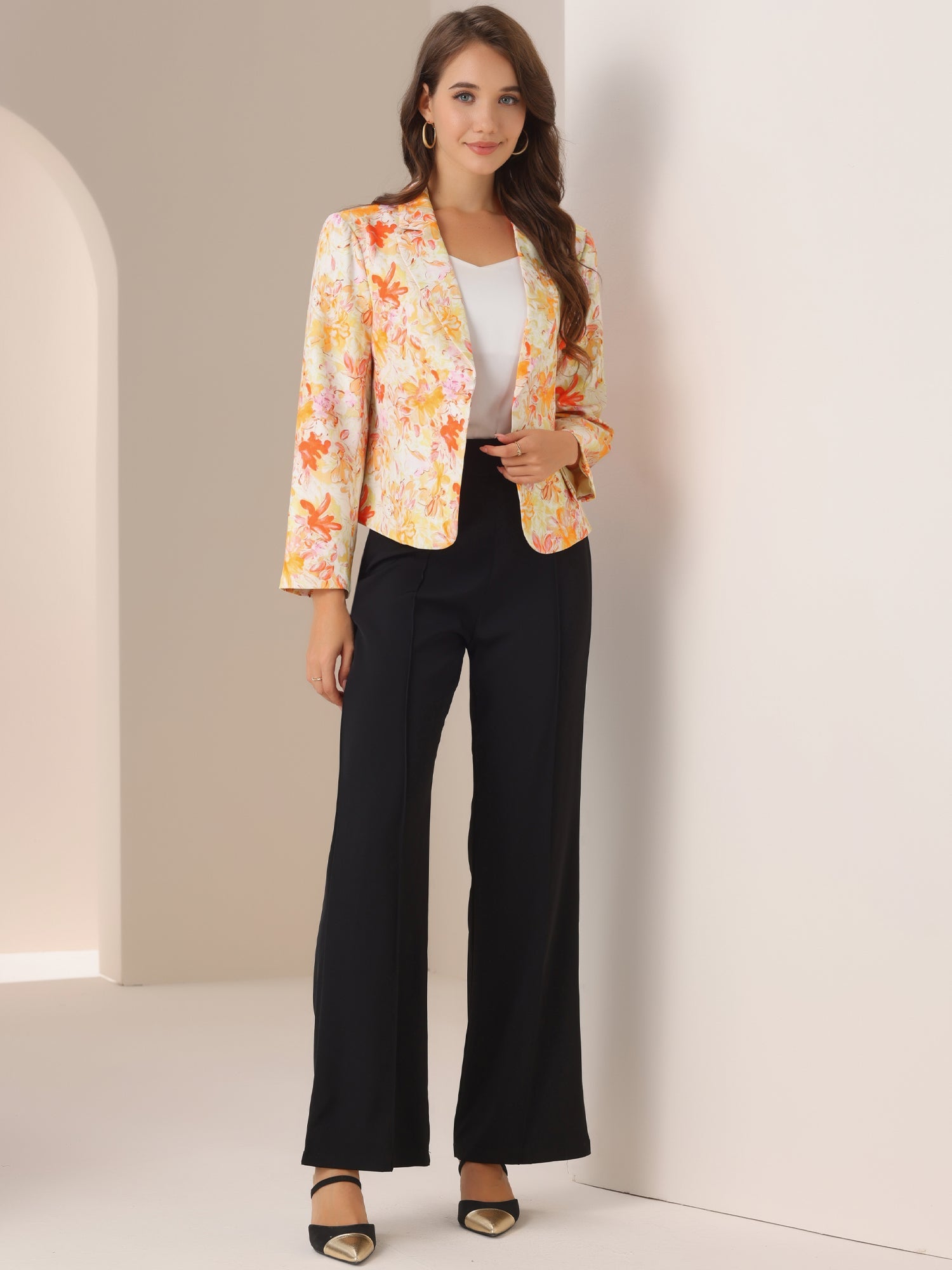 Open Front Floral Work Business Crop Blazer Jacket