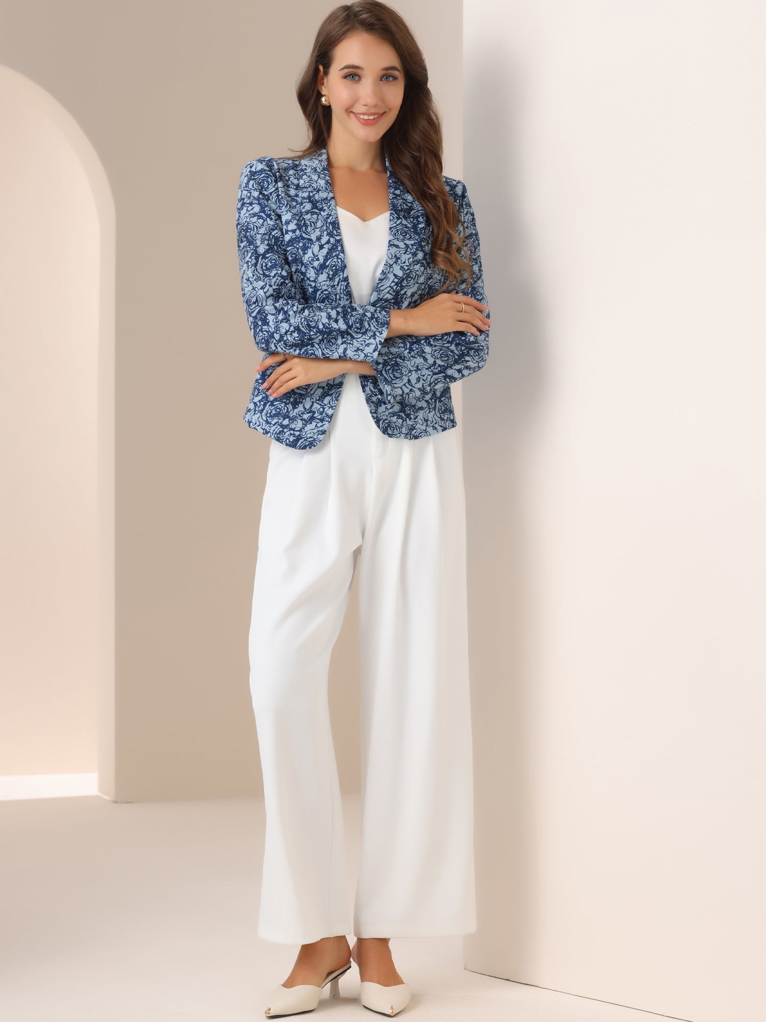 Open Front Floral Work Business Crop Blazer Jacket