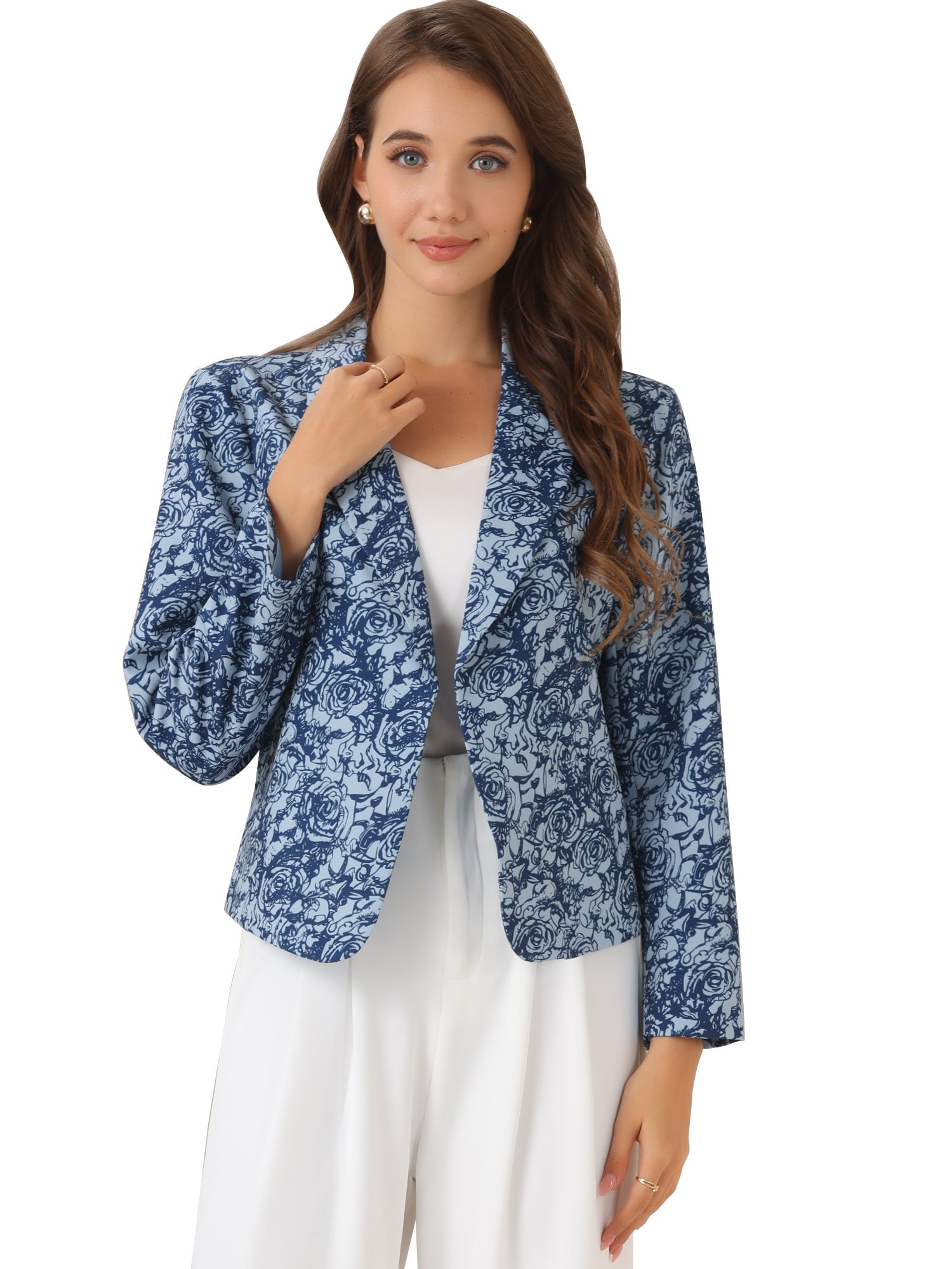 Open Front Floral Work Business Crop Blazer Jacket