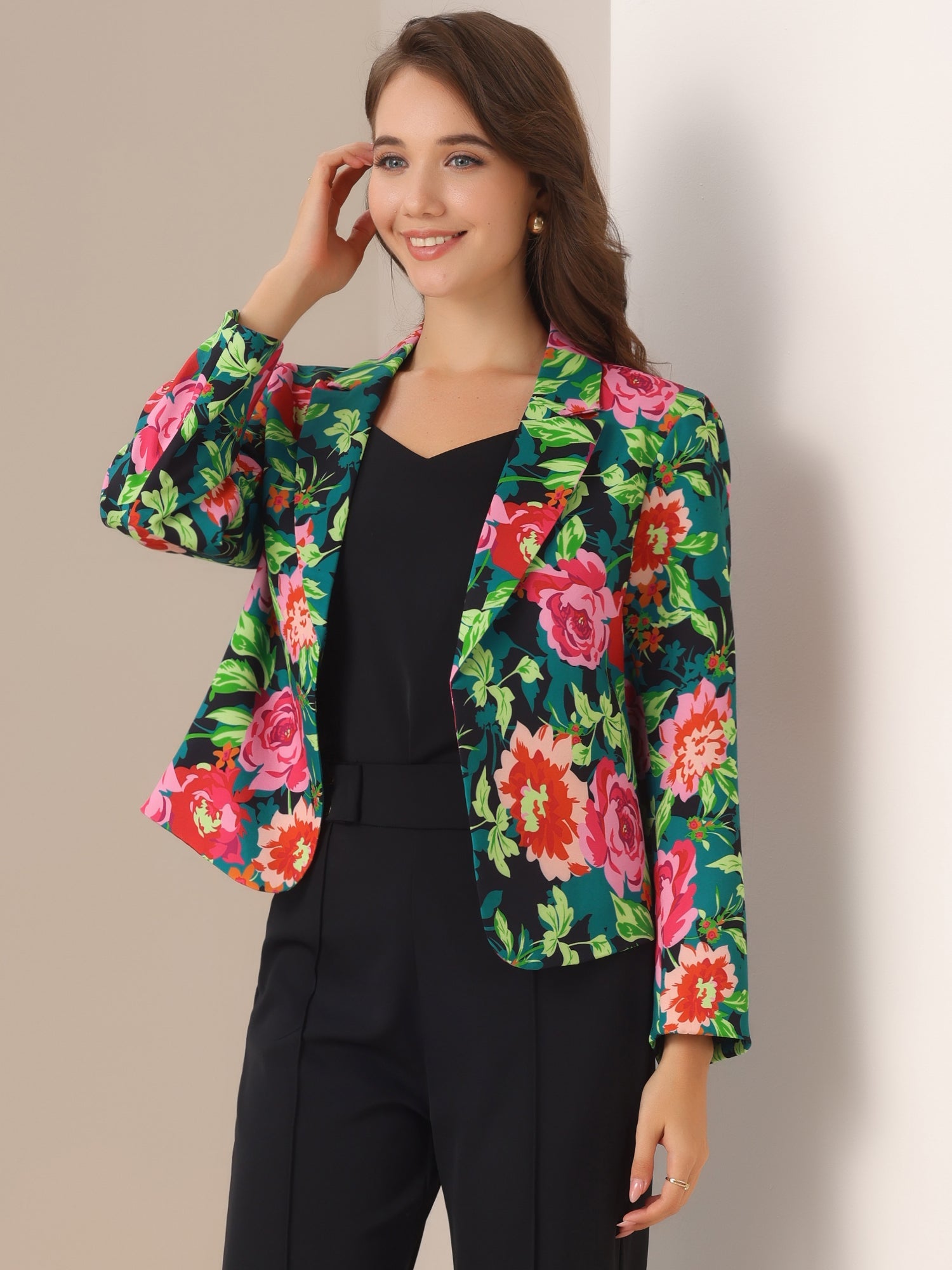 Open Front Floral Work Business Crop Blazer Jacket