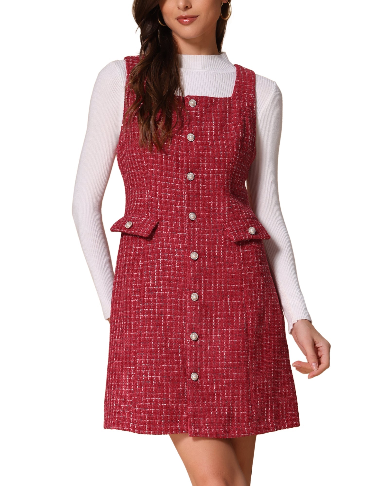 Tweed Sleeveless Button Up Pockets A-Line Pinafore Overall Dress