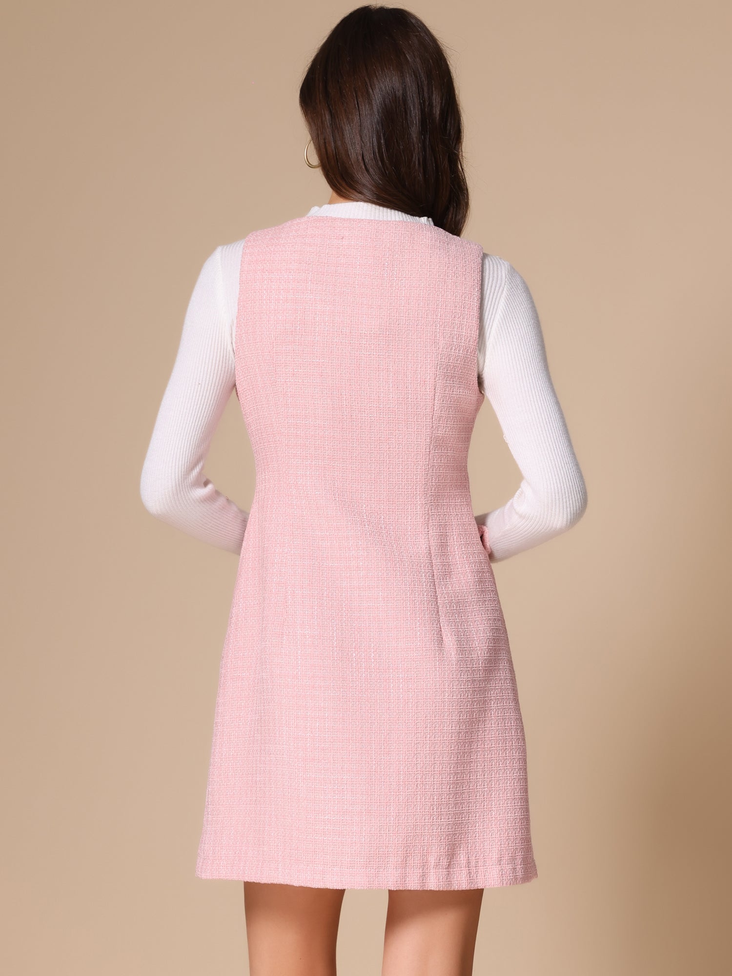 Tweed Sleeveless Button Up Pockets A-Line Pinafore Overall Dress