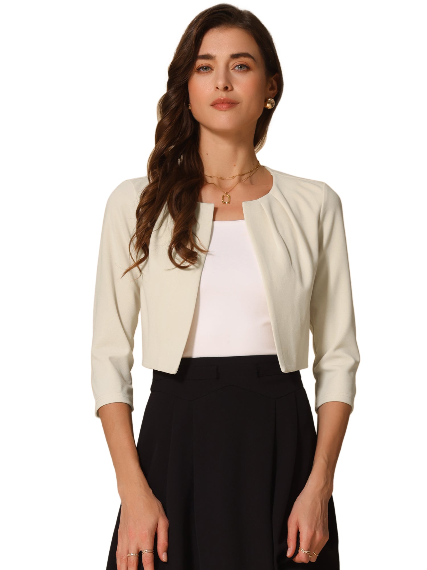 3/4 Sleeve Collarless Pleated Open Front Shrugs
