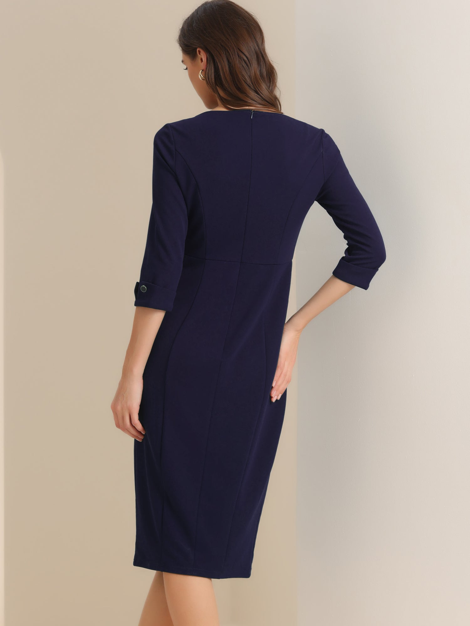 Work Boat Neck 3/4 Sleeves Midi Split Sheath Dress