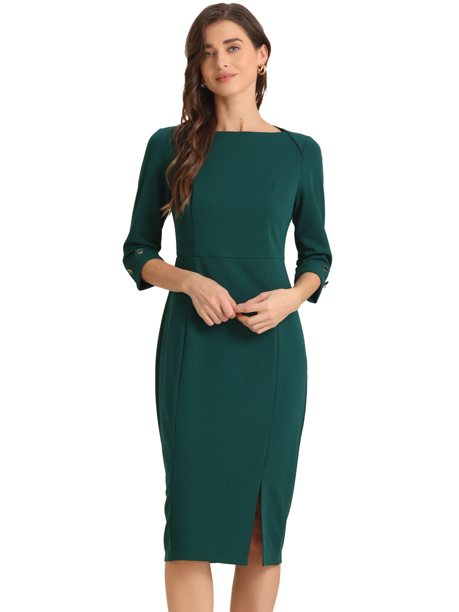 Work Boat Neck 3/4 Sleeves Midi Split Sheath Dress