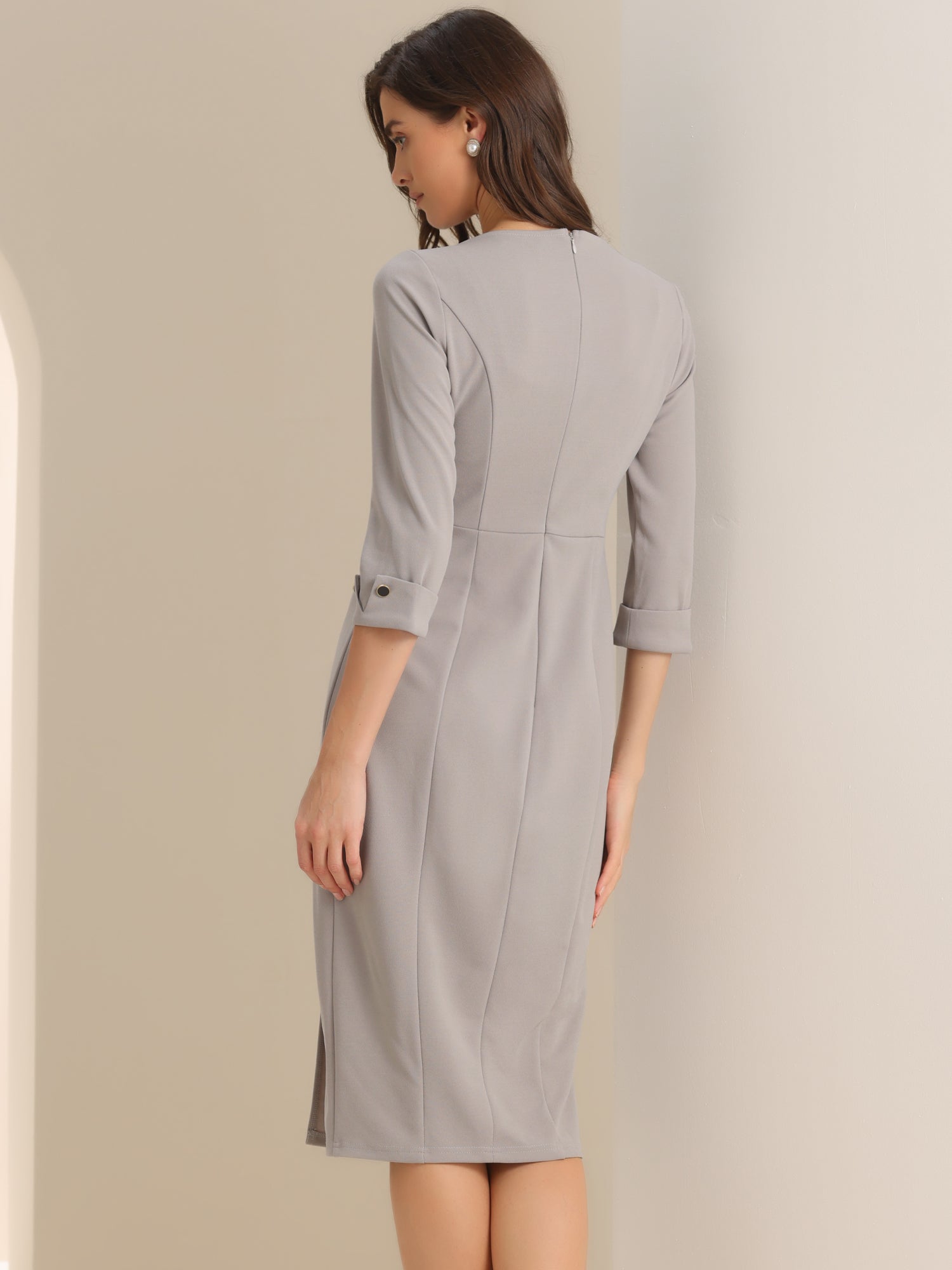 Work Boat Neck 3/4 Sleeves Midi Split Sheath Dress