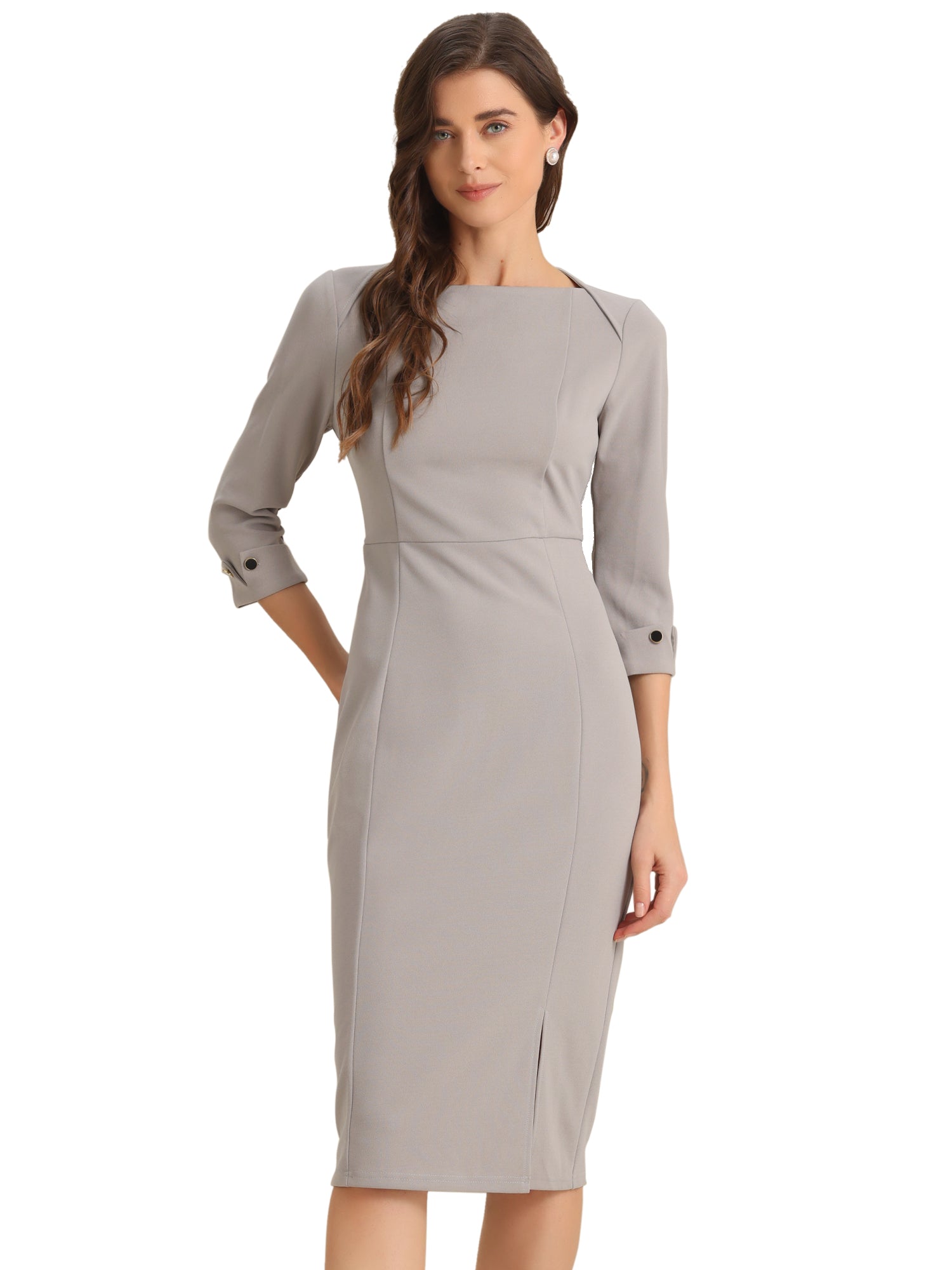 Work Boat Neck 3/4 Sleeves Midi Split Sheath Dress