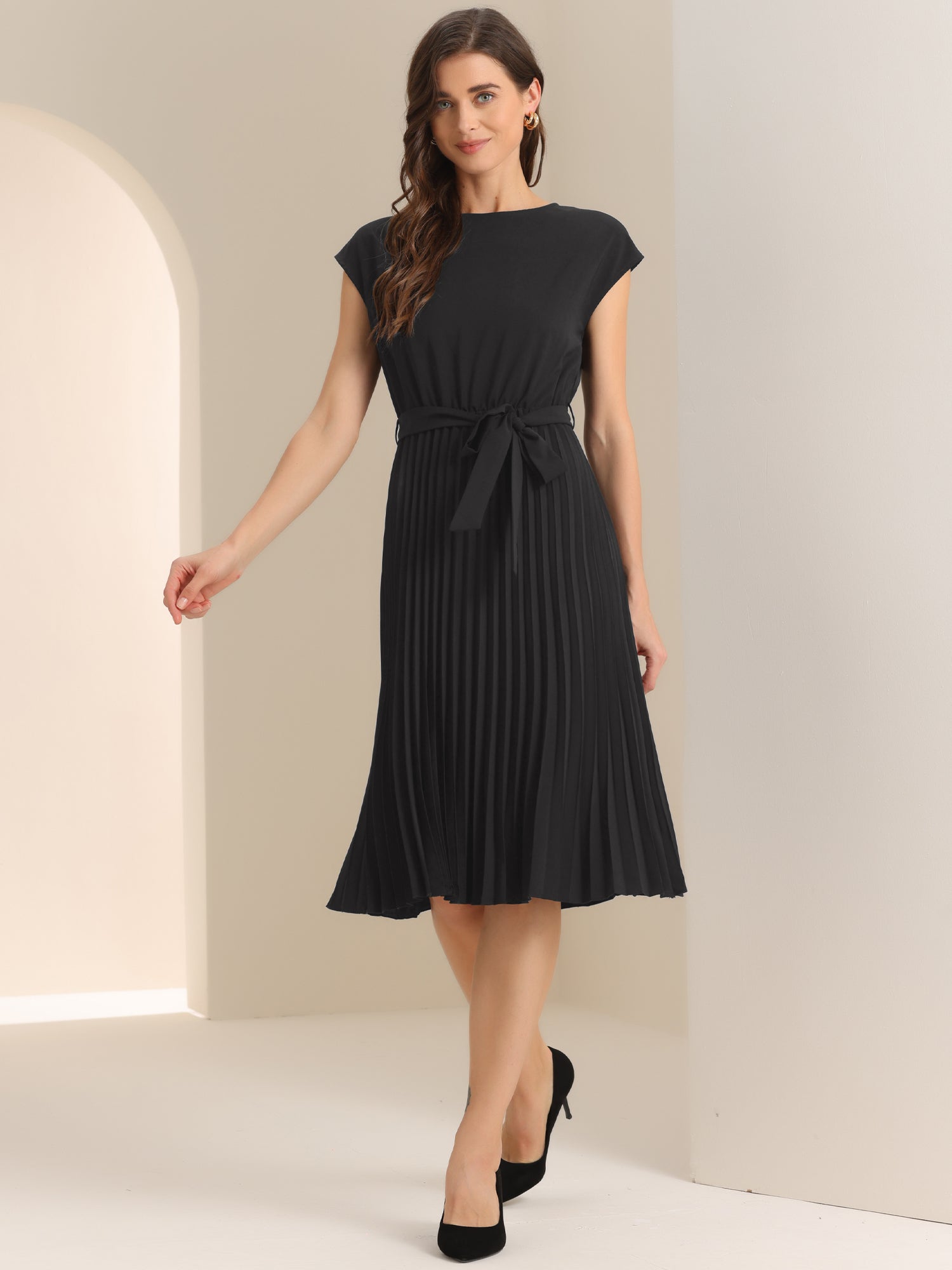 Crew Neck Sleeveless Tie Waist A-Line Pleated Dress