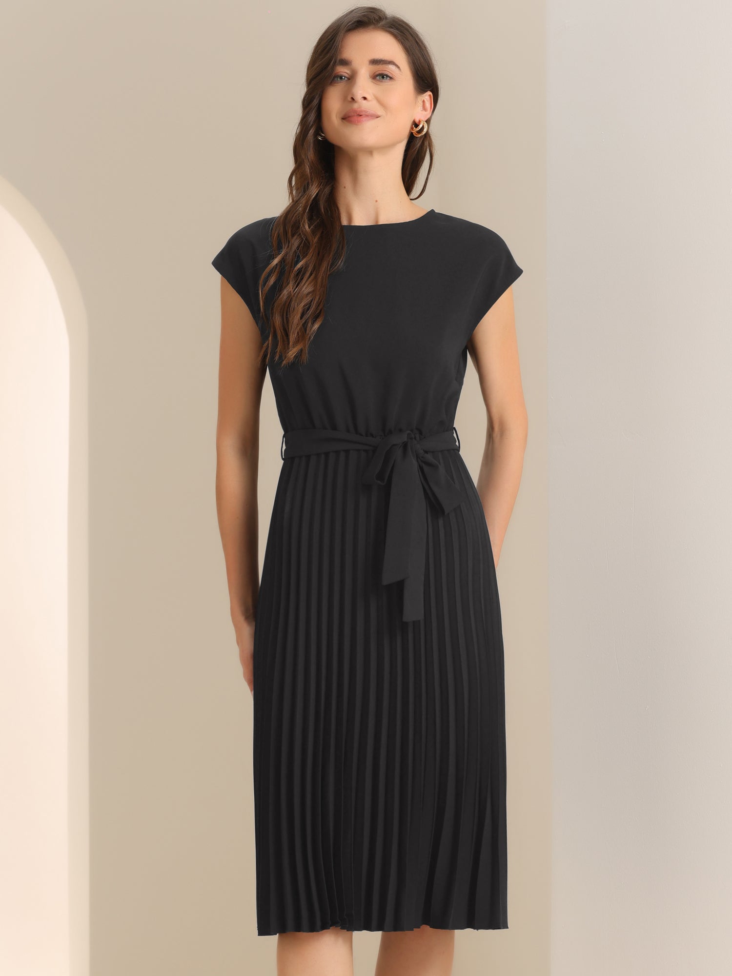 Crew Neck Sleeveless Tie Waist A-Line Pleated Dress