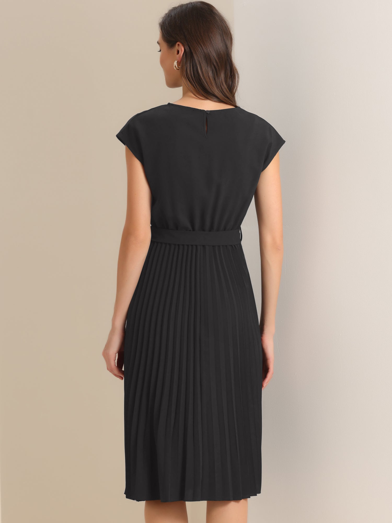 Crew Neck Sleeveless Tie Waist A-Line Pleated Dress