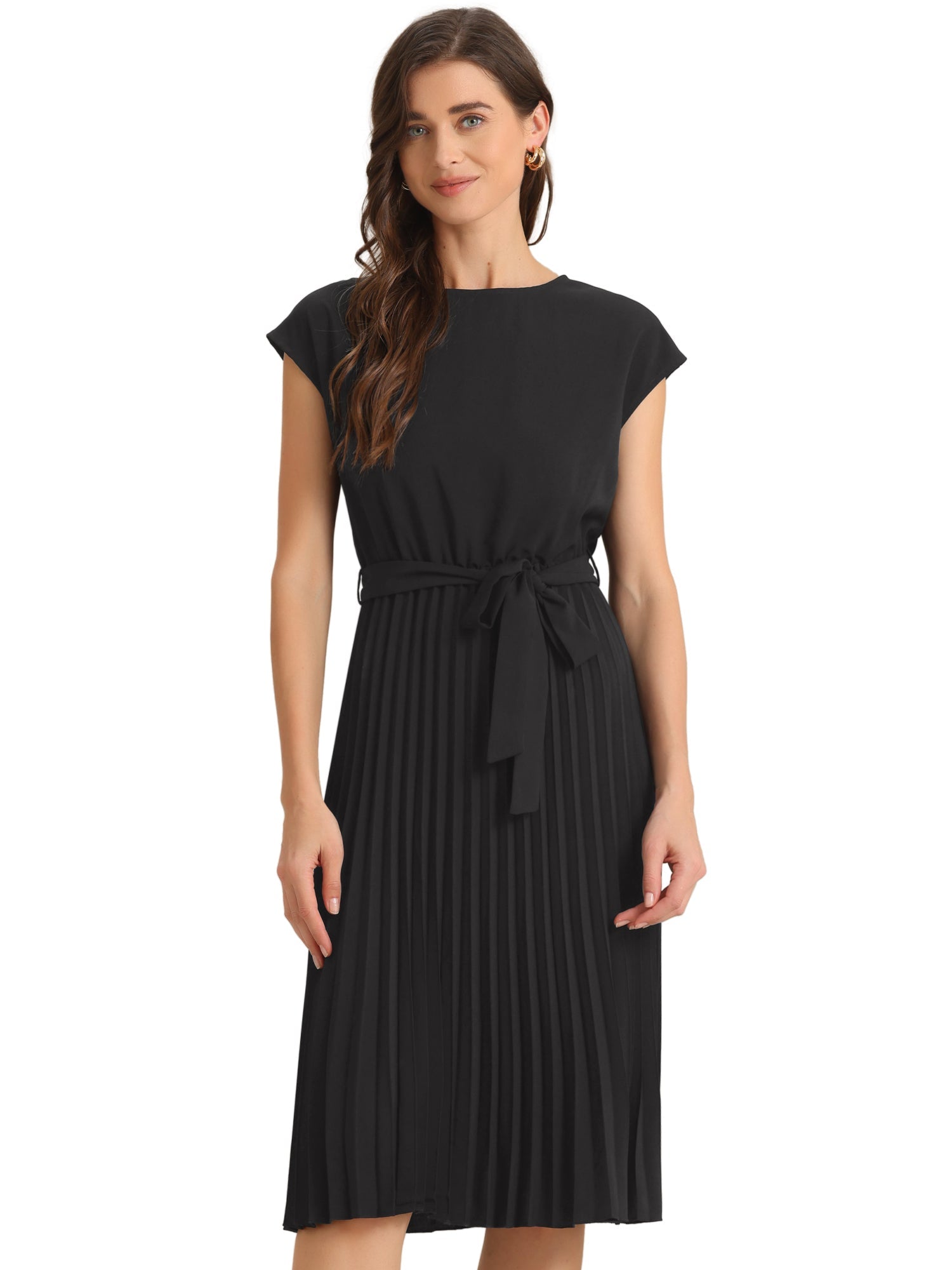 Crew Neck Sleeveless Tie Waist A-Line Pleated Dress