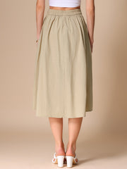A-Line Elastic Waist Button Front Pocketed Midi Skirt