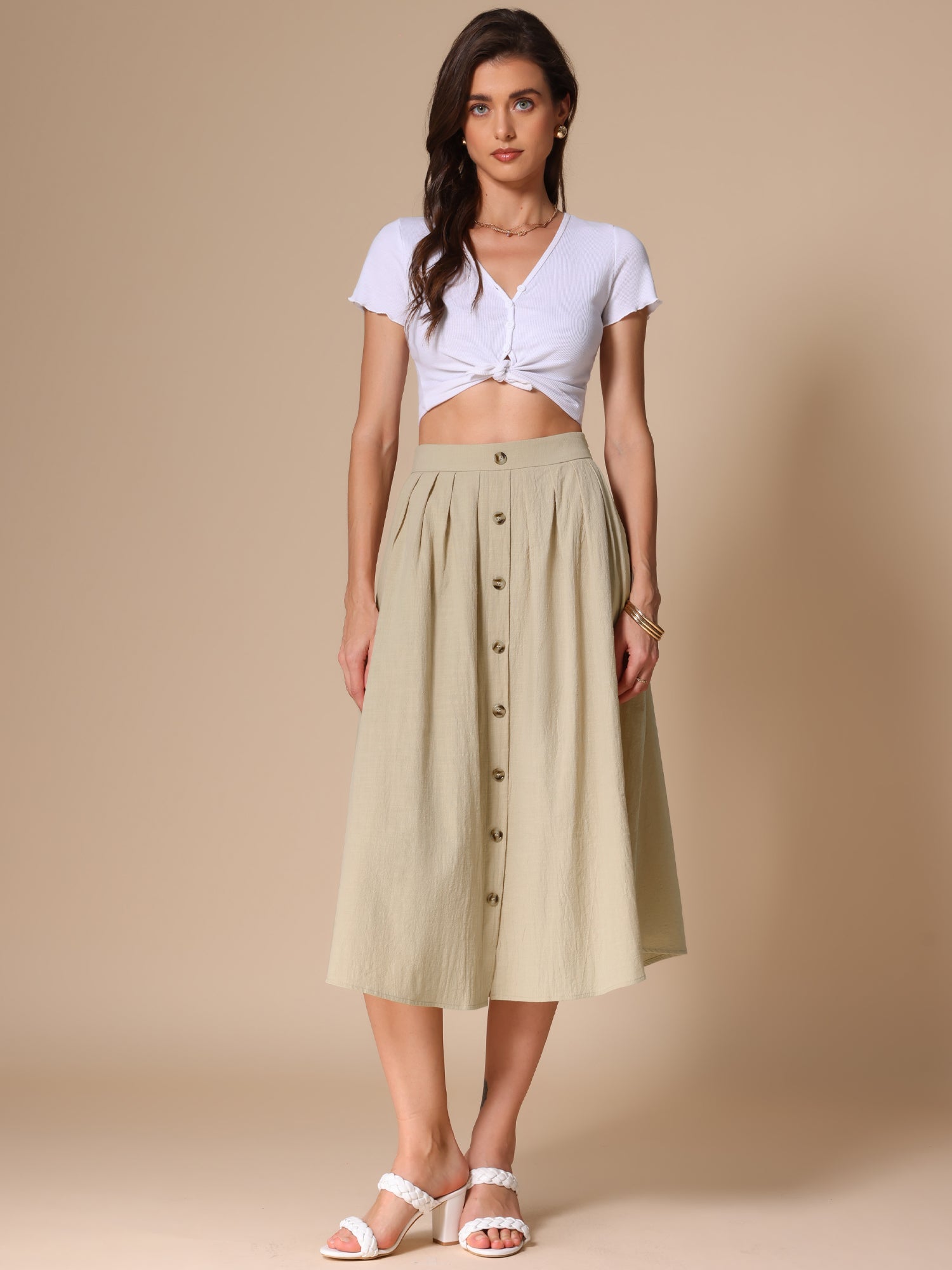 A-Line Elastic Waist Button Front Pocketed Midi Skirt