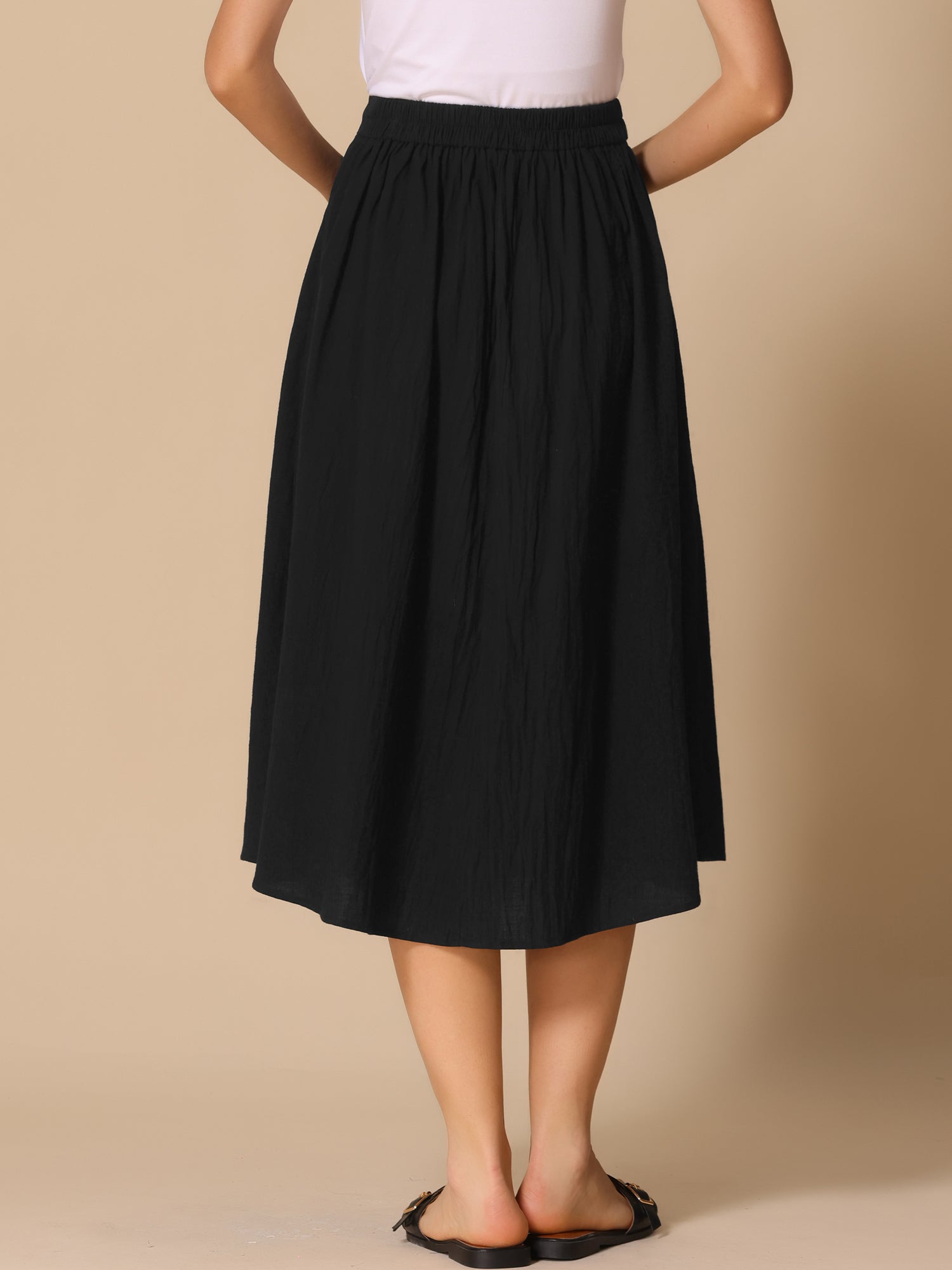 A-Line Elastic Waist Button Front Pocketed Midi Skirt