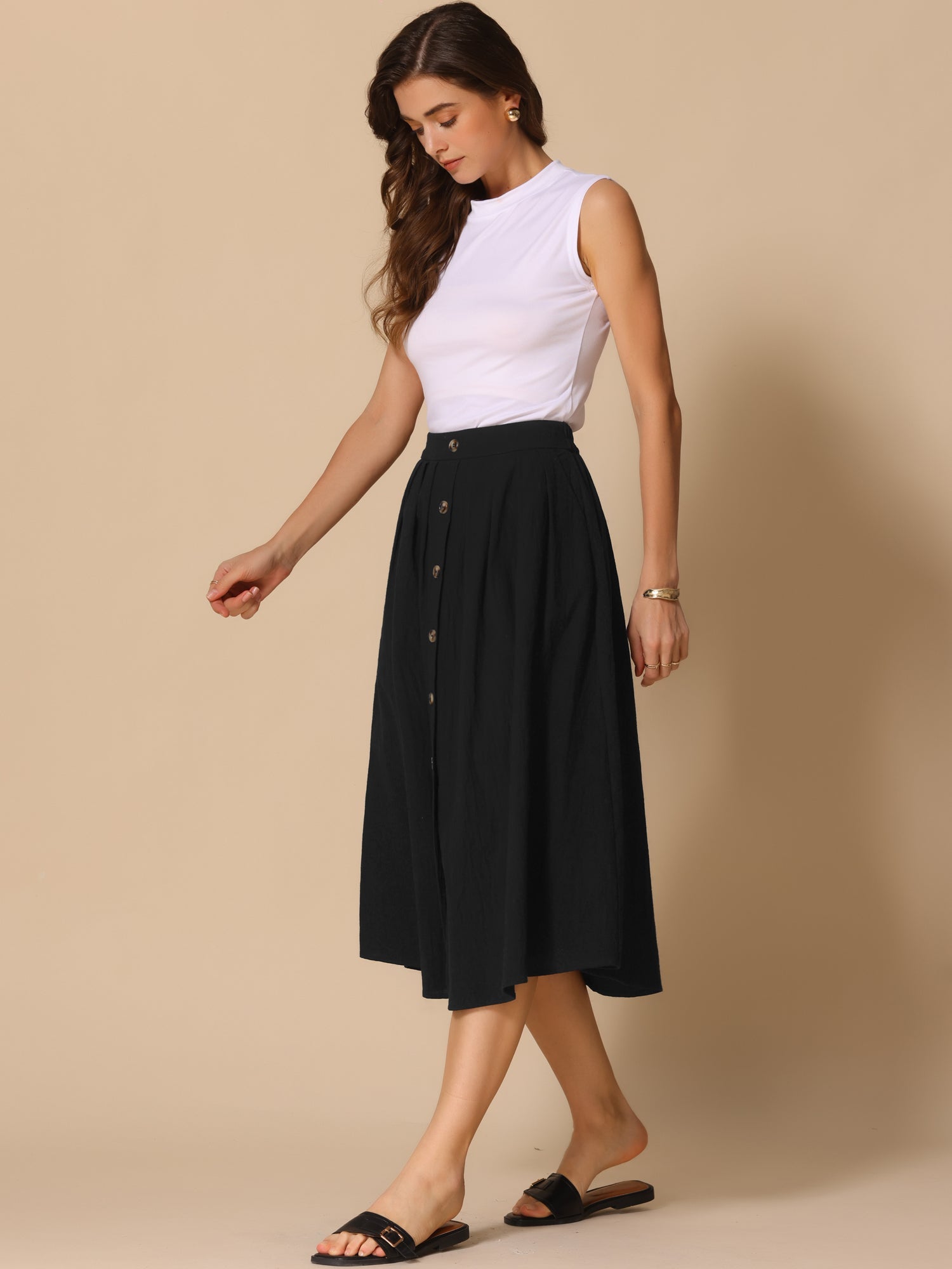 A-Line Elastic Waist Button Front Pocketed Midi Skirt