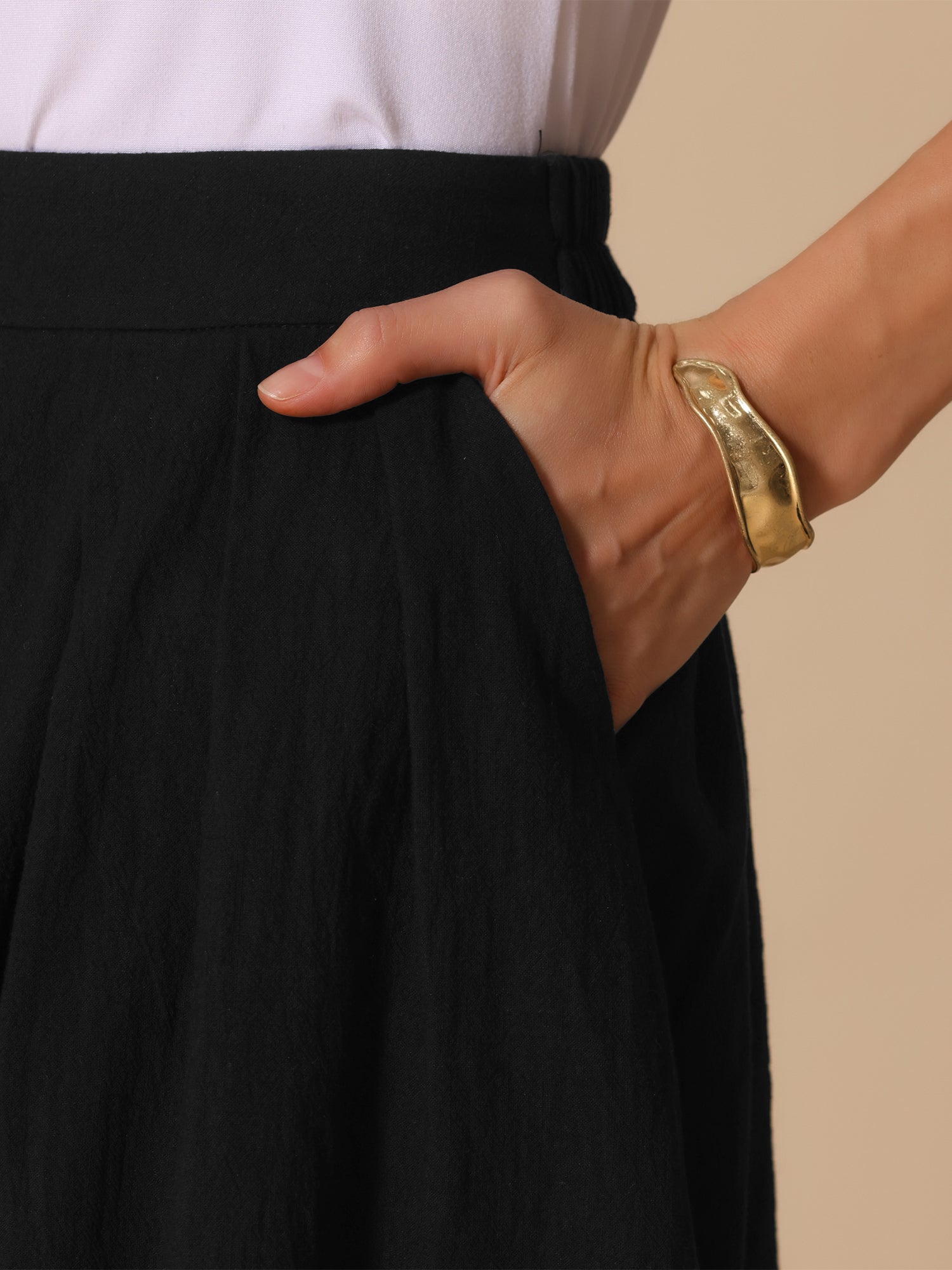 A-Line Elastic Waist Button Front Pocketed Midi Skirt