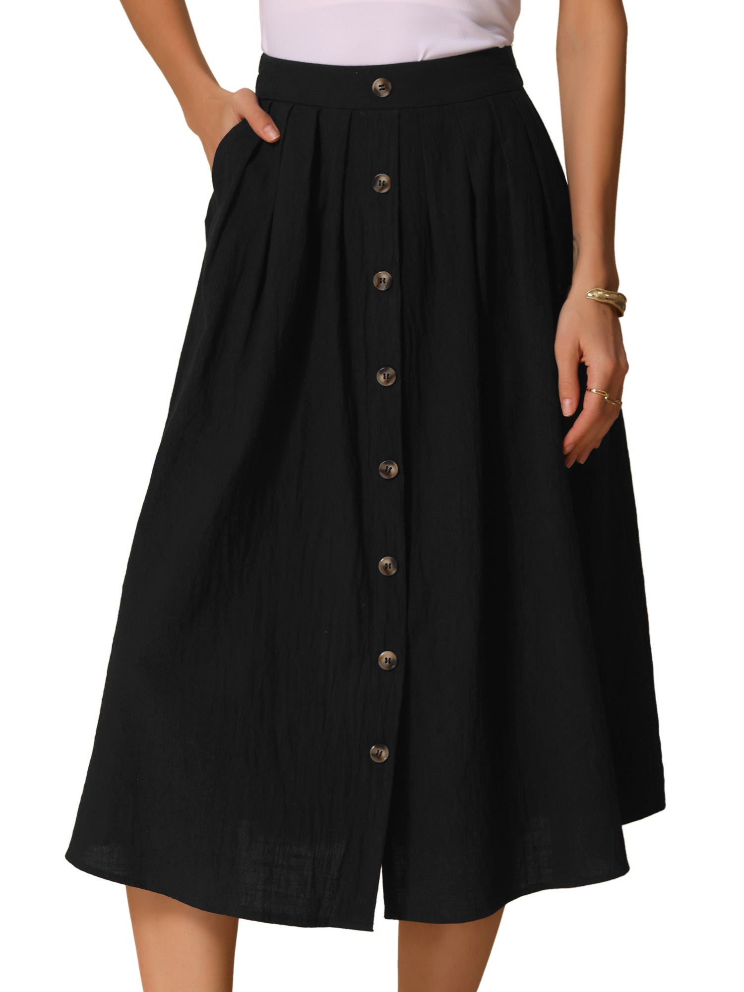 A-Line Elastic Waist Button Front Pocketed Midi Skirt