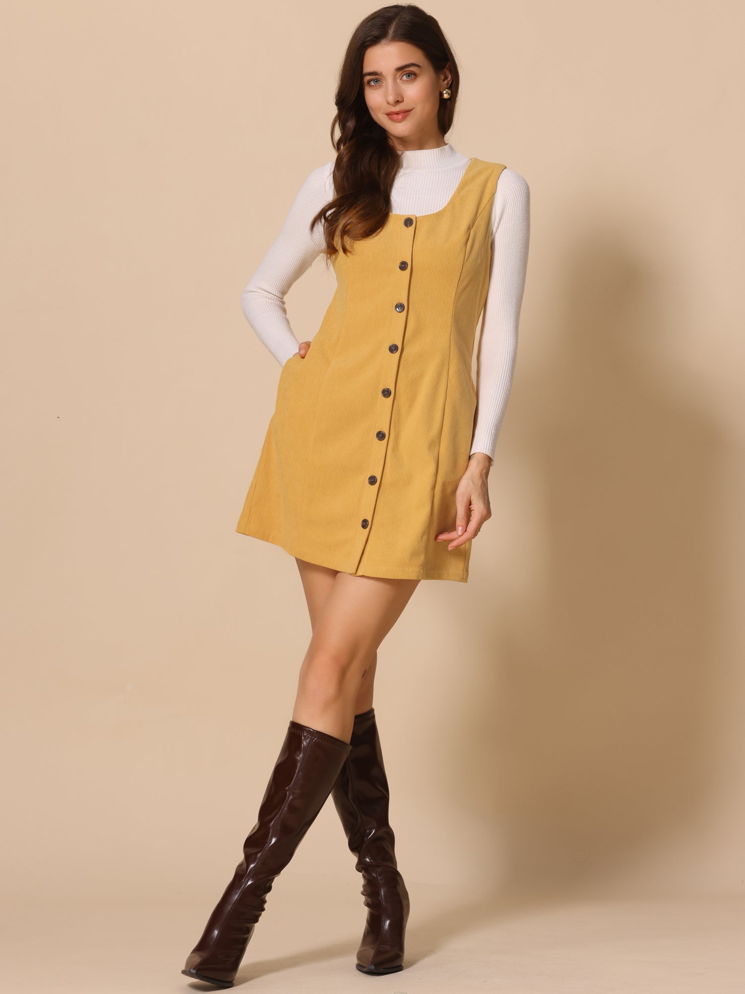 Corduroy Overall Scoop Neck Sleeveless Button Pinefore Dress