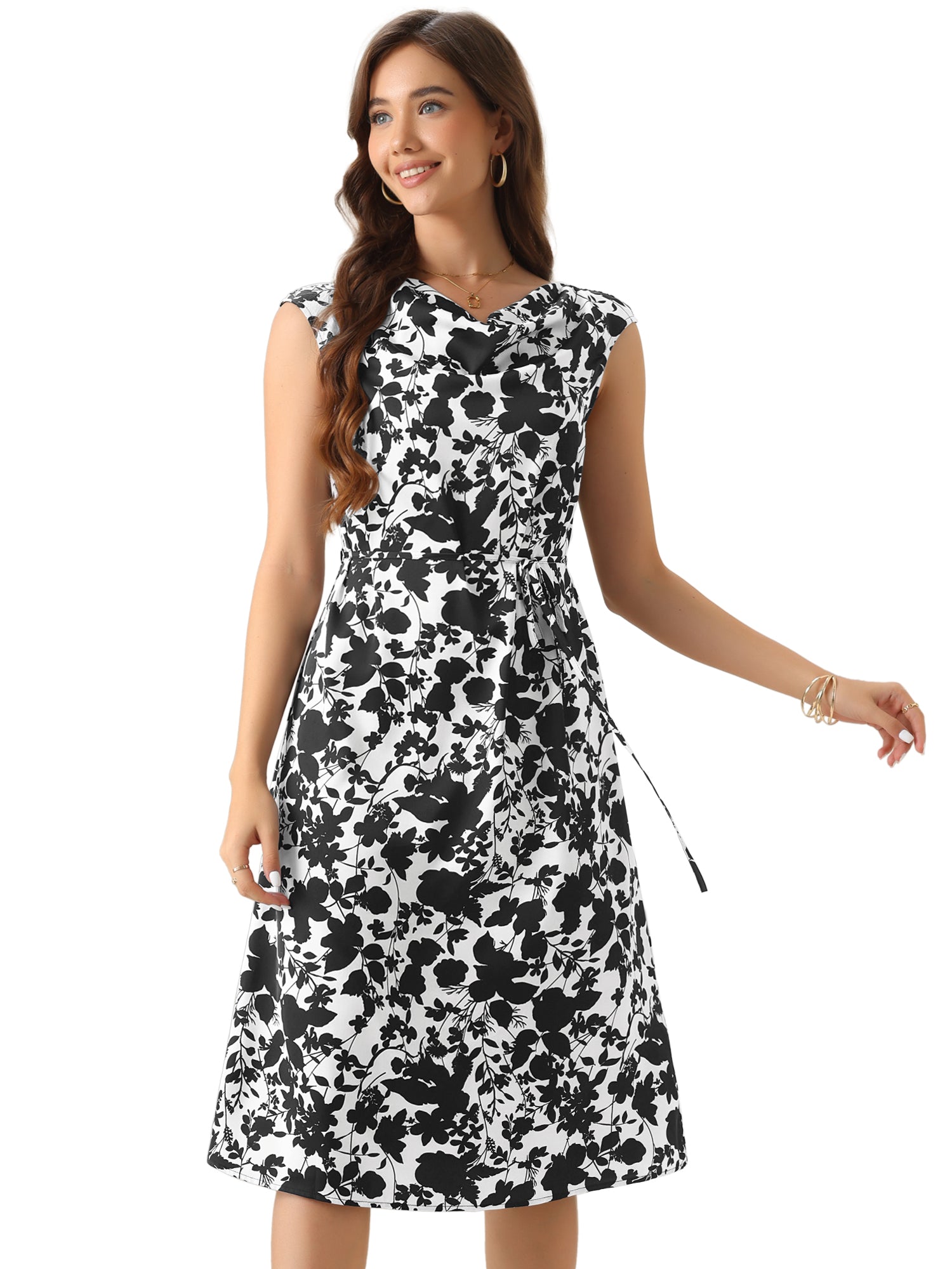 Floral Cowl Neck Cap Sleeve Midi Dress