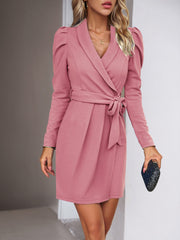 Tailored Collar & Elastic Lace-Up Waist Solid Color Shawl Collar Long Sleeves Office Chic Mini Dress