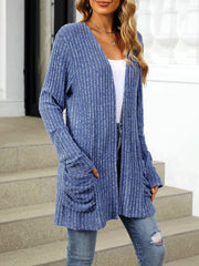 Cozy Knit Solid Color Pocket Long Sleeve Mid Length Casual Cardigan