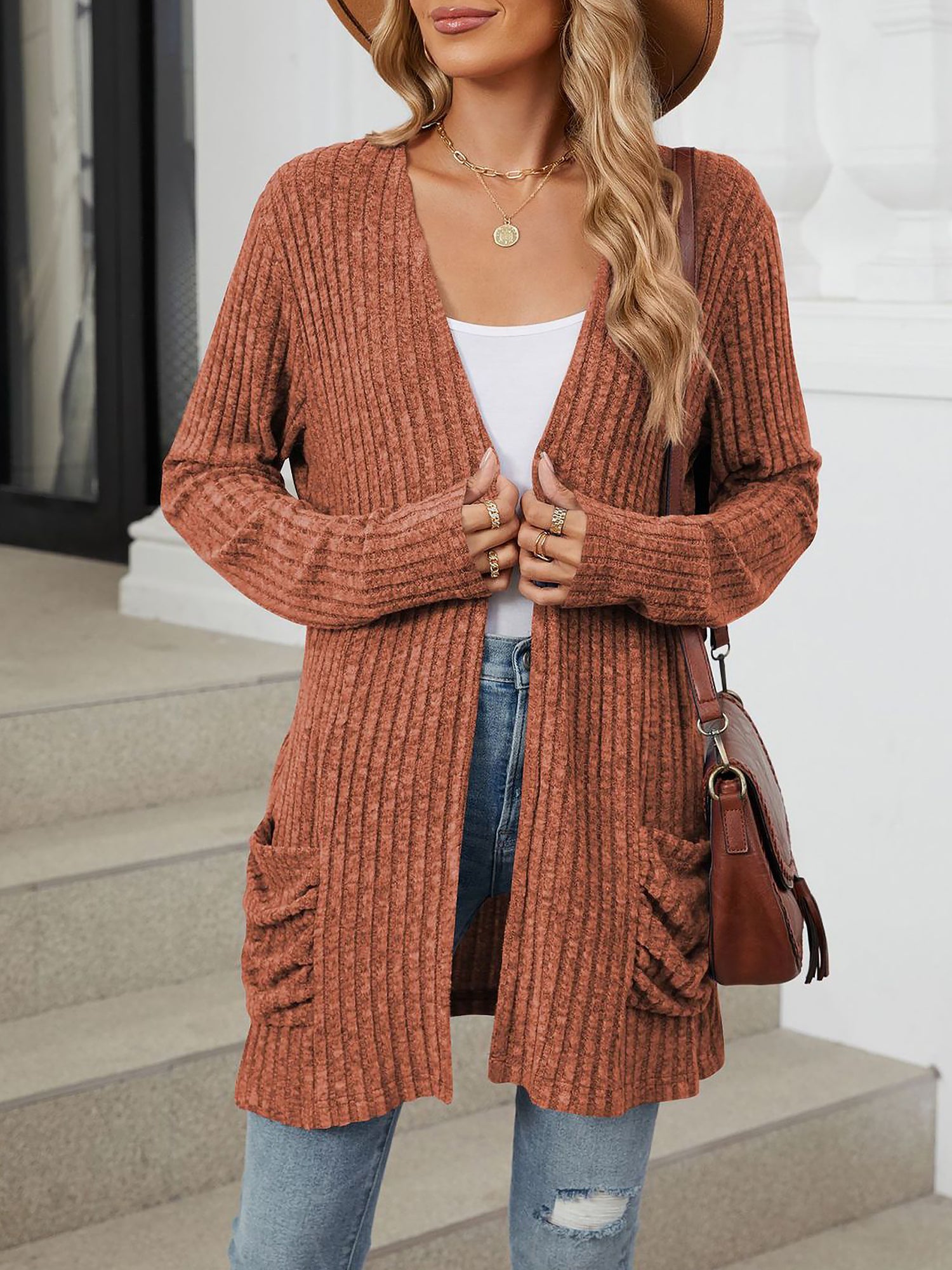 Cozy Knit Solid Color Pocket Long Sleeve Mid Length Casual Cardigan