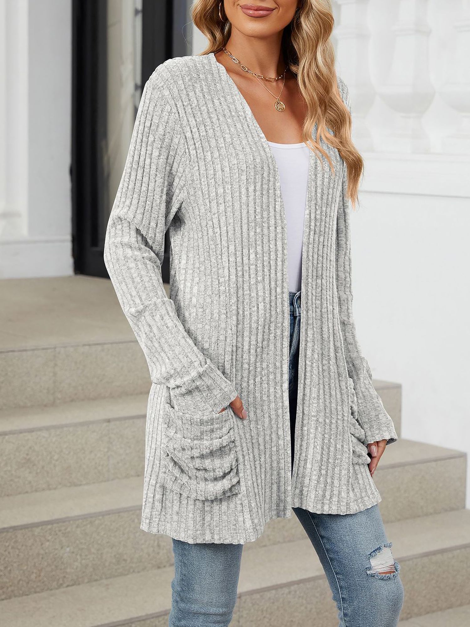 Cozy Knit Solid Color Pocket Long Sleeve Mid Length Casual Cardigan