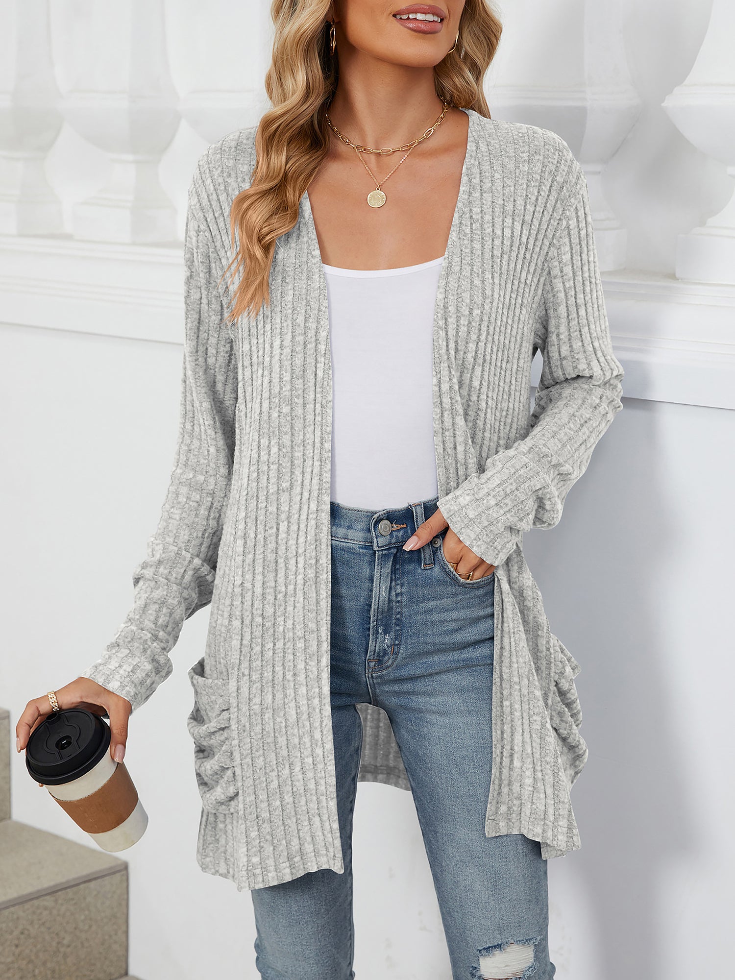 Cozy Knit Solid Color Pocket Long Sleeve Mid Length Casual Cardigan
