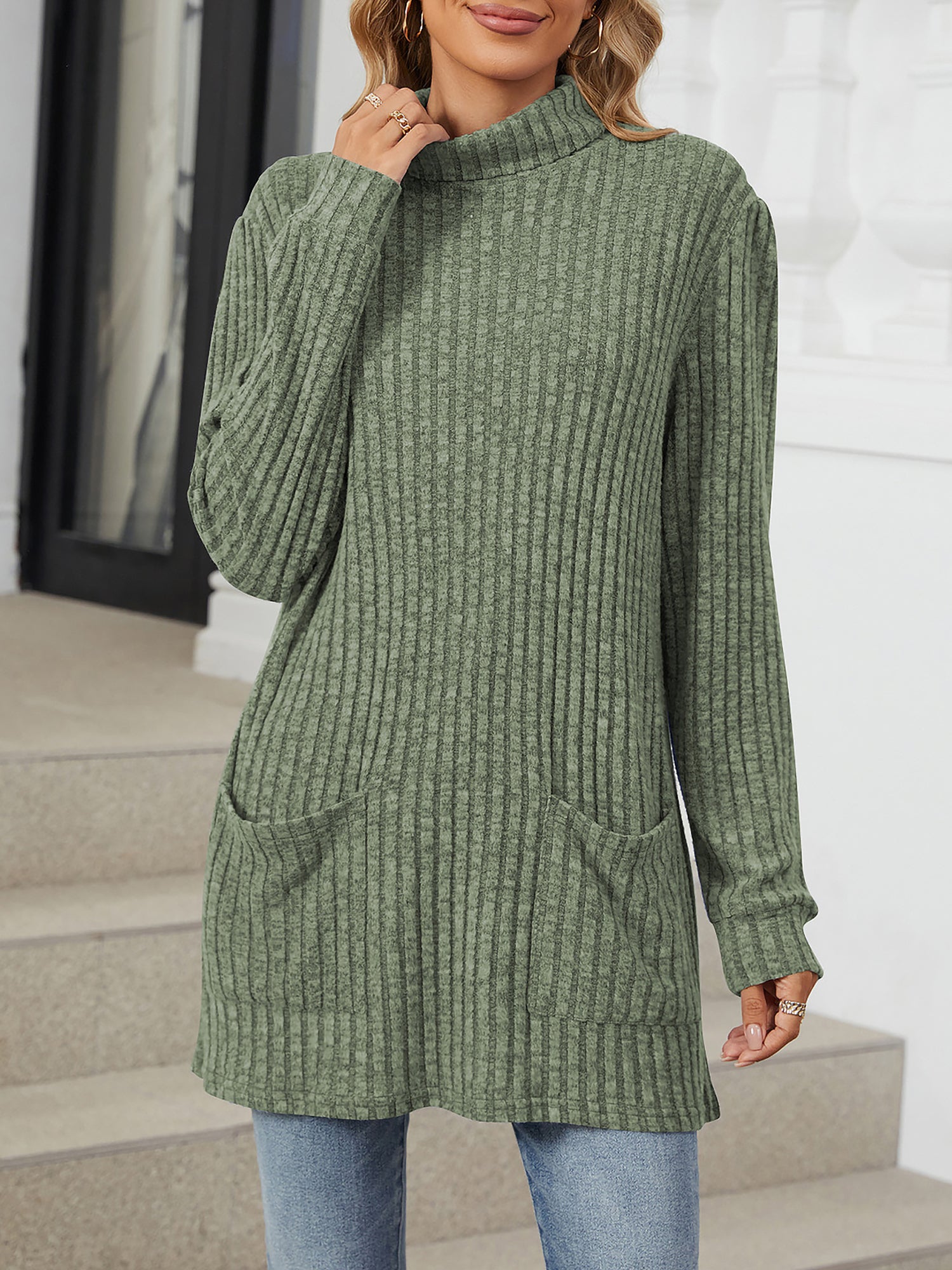 Solid Color Mock Neck Long Sleeve Tunic Blouse